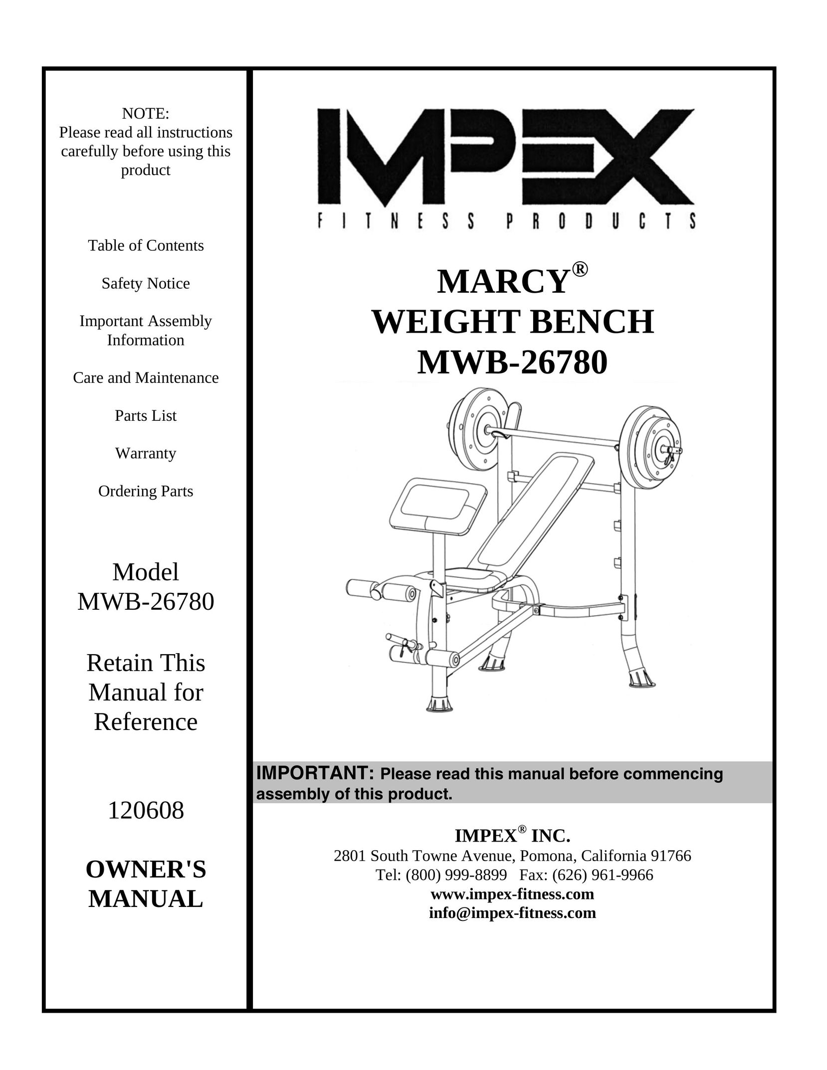 Impex MWB-26780 Fitness Equipment User Manual