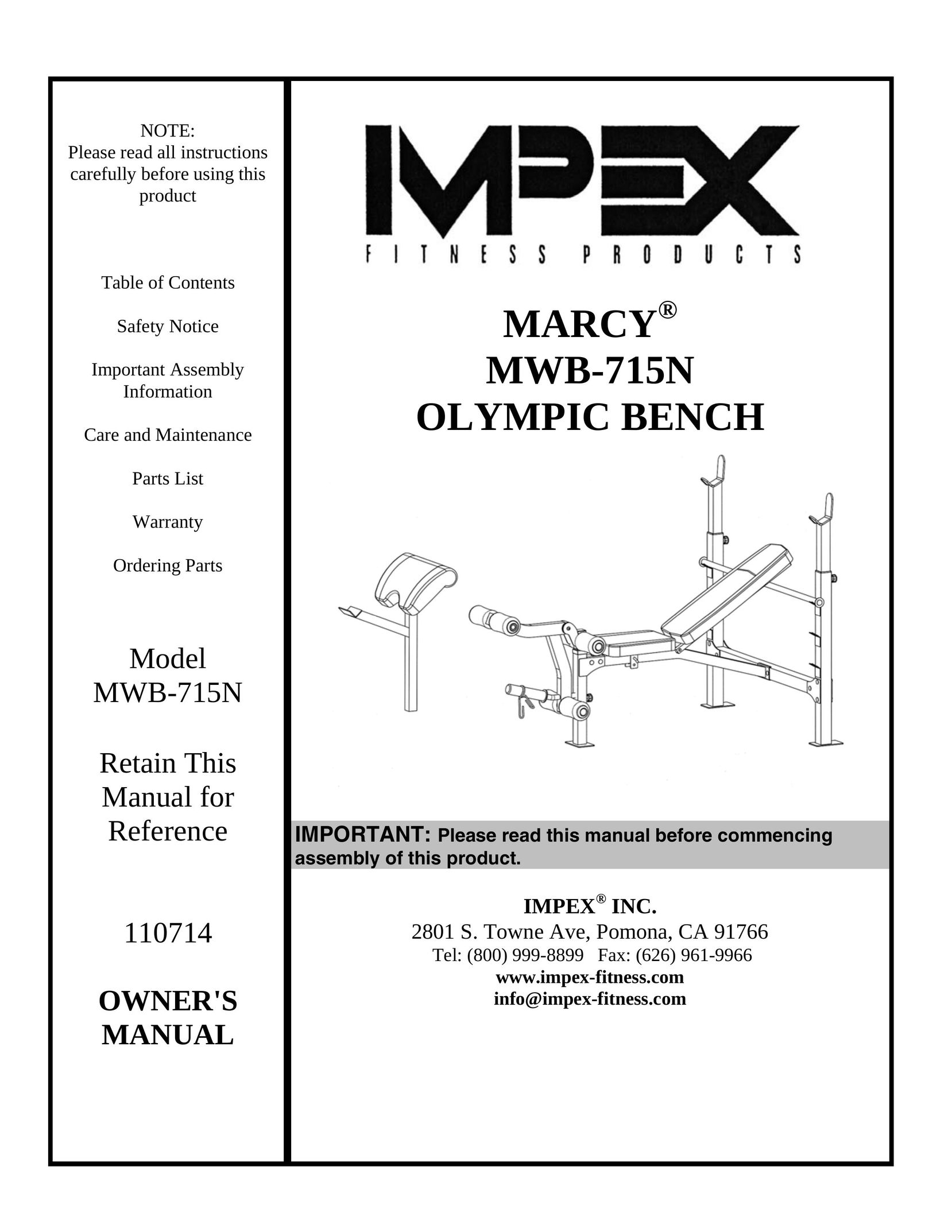 Impex MWB-715N Fitness Equipment User Manual