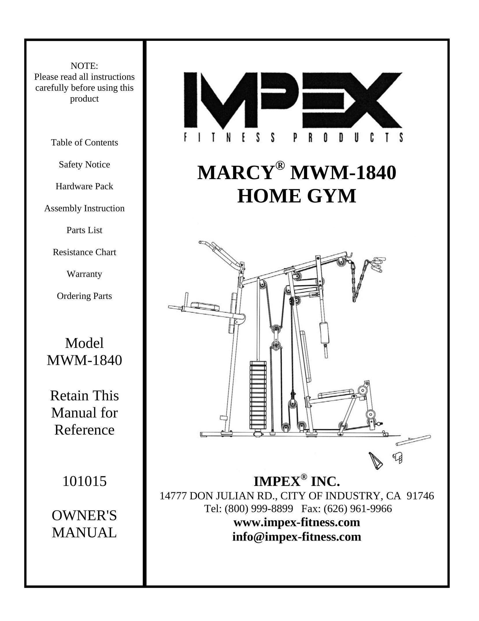 Impex MWM-1840 Fitness Equipment User Manual