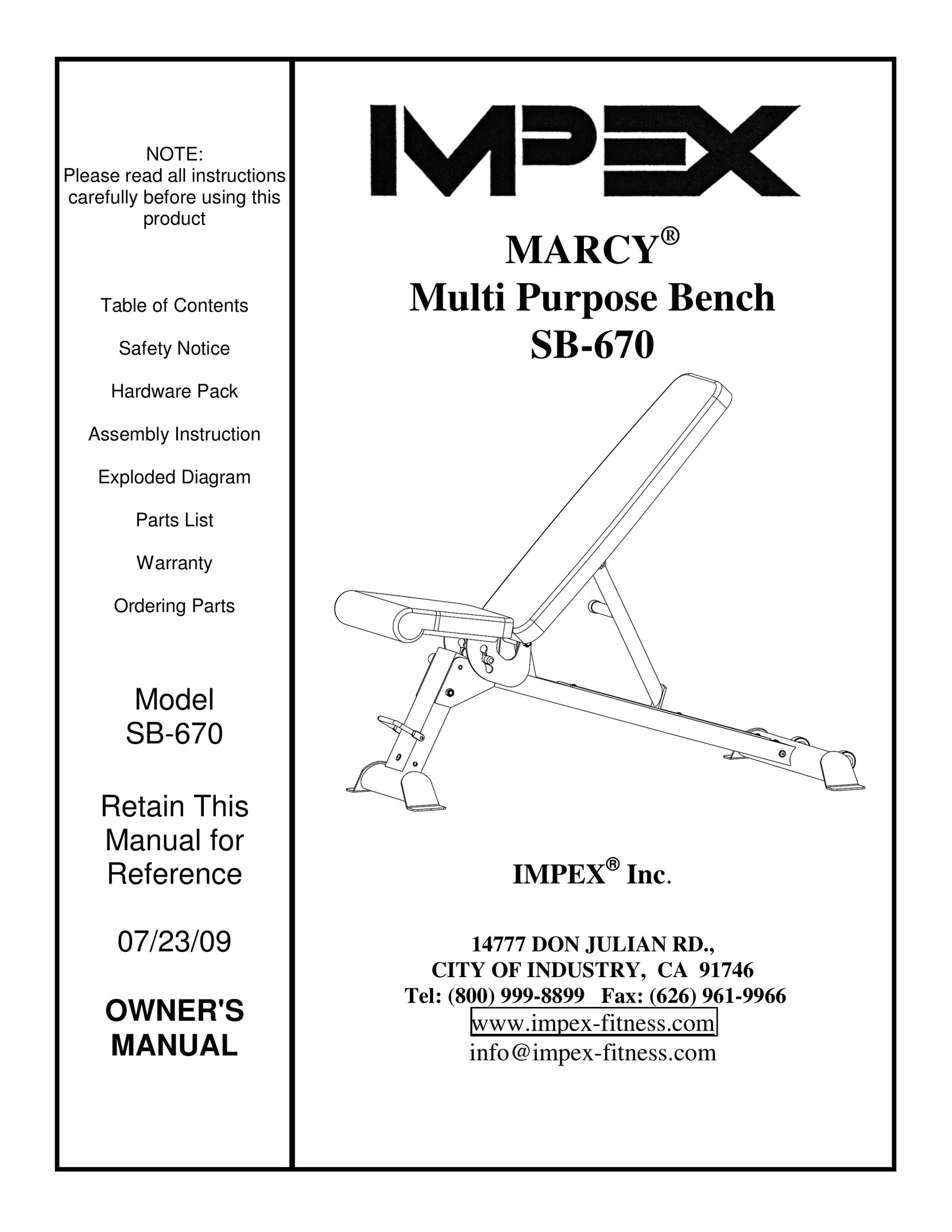 Impex SB-670 Fitness Equipment User Manual