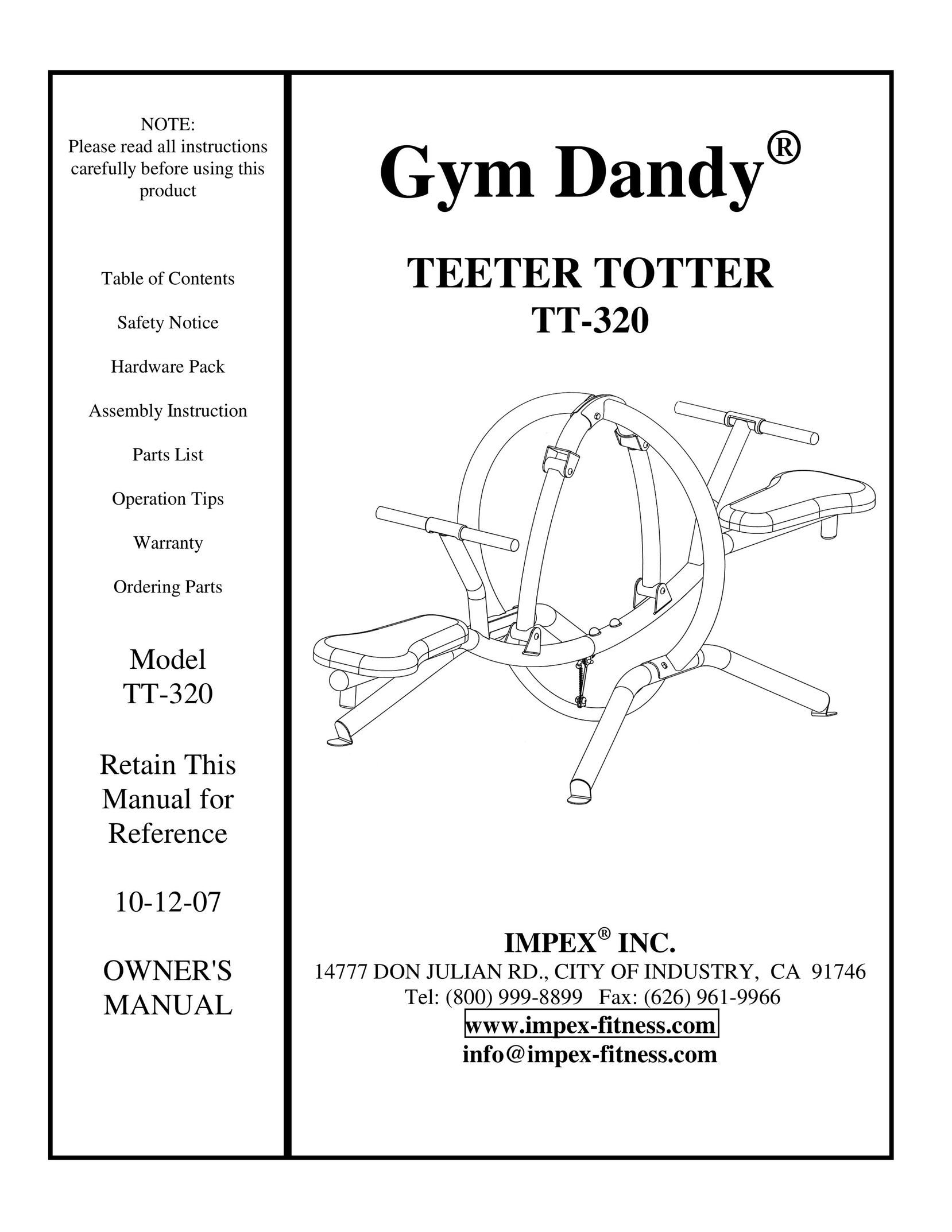 Impex TT-320 Fitness Equipment User Manual