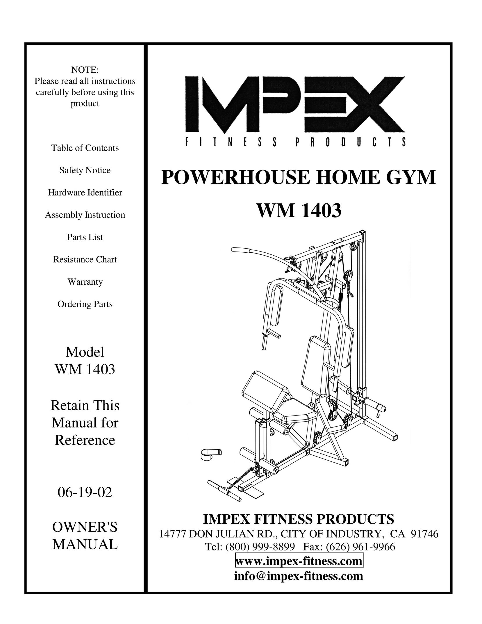 Impex WM 1403 Fitness Equipment User Manual