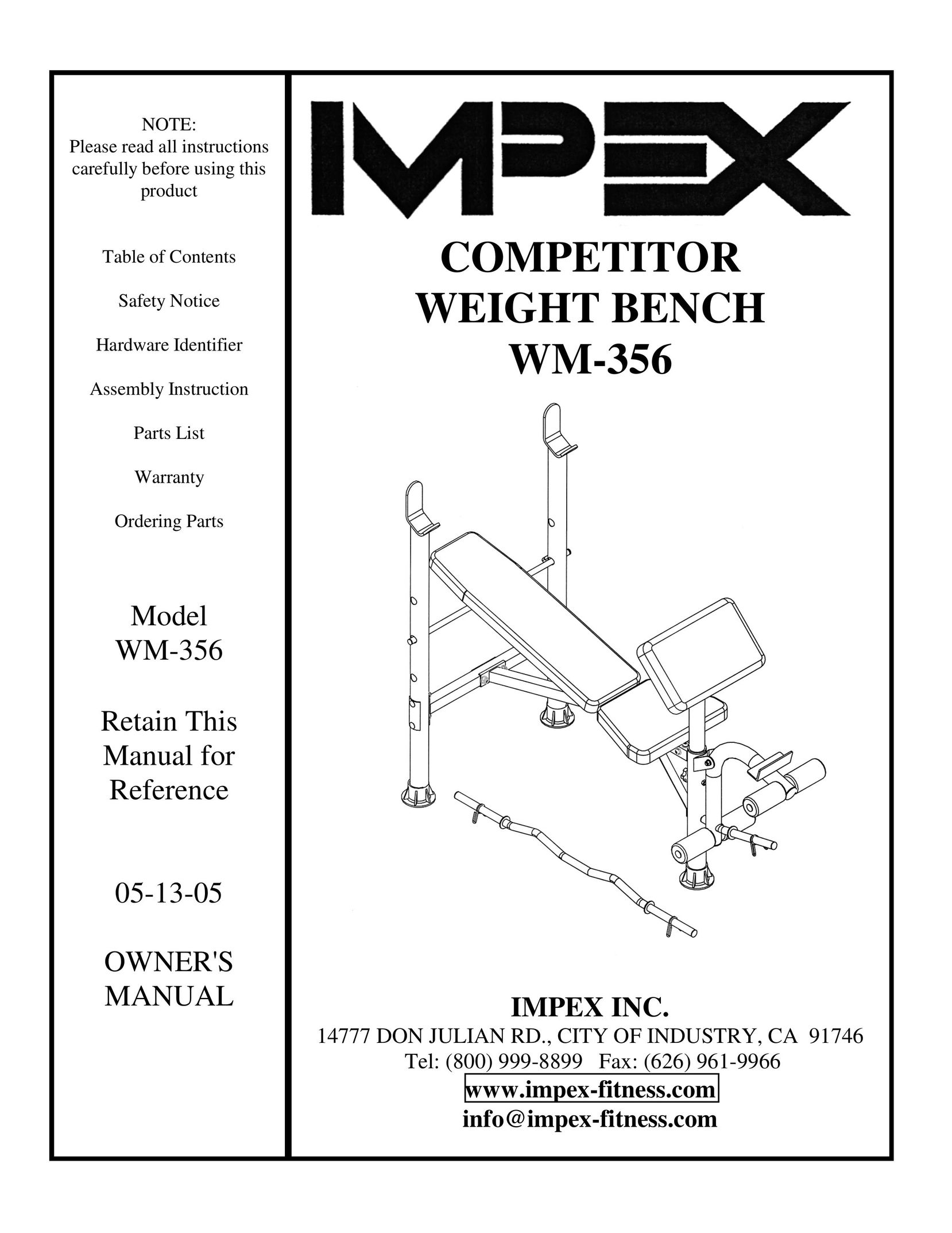 Impex WM-356 Fitness Equipment User Manual