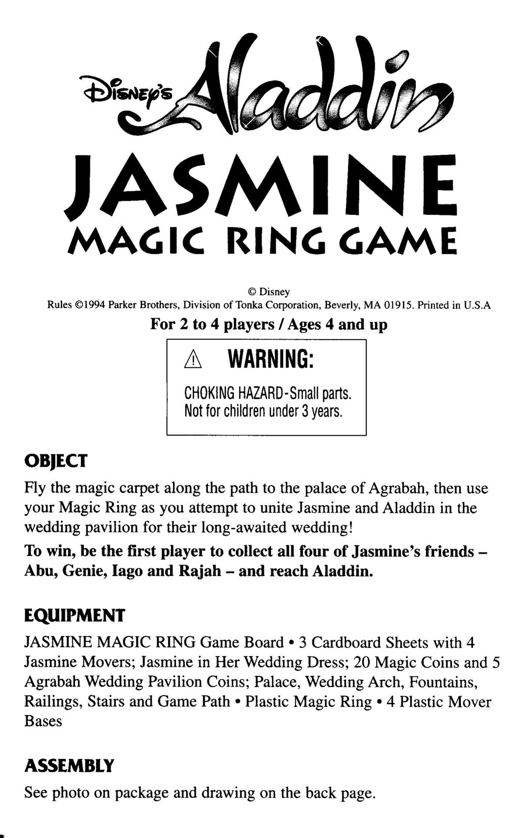 Disney Interactive Studios Aladdin Jasmine Magic Ring Game Games User Manual