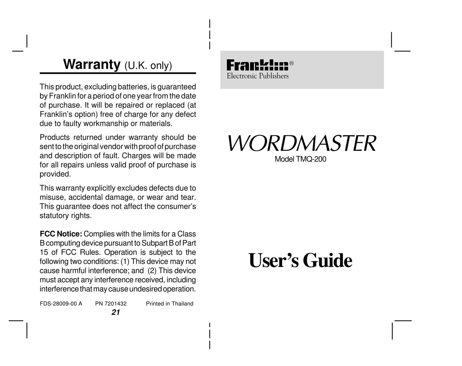 Franklin TMQ-200 Games User Manual