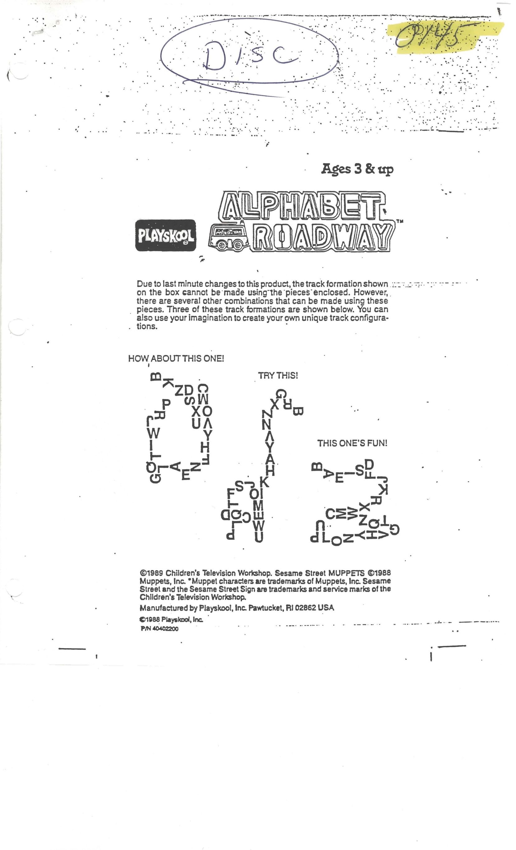 Playskool Alphabet Roadway Games User Manual
