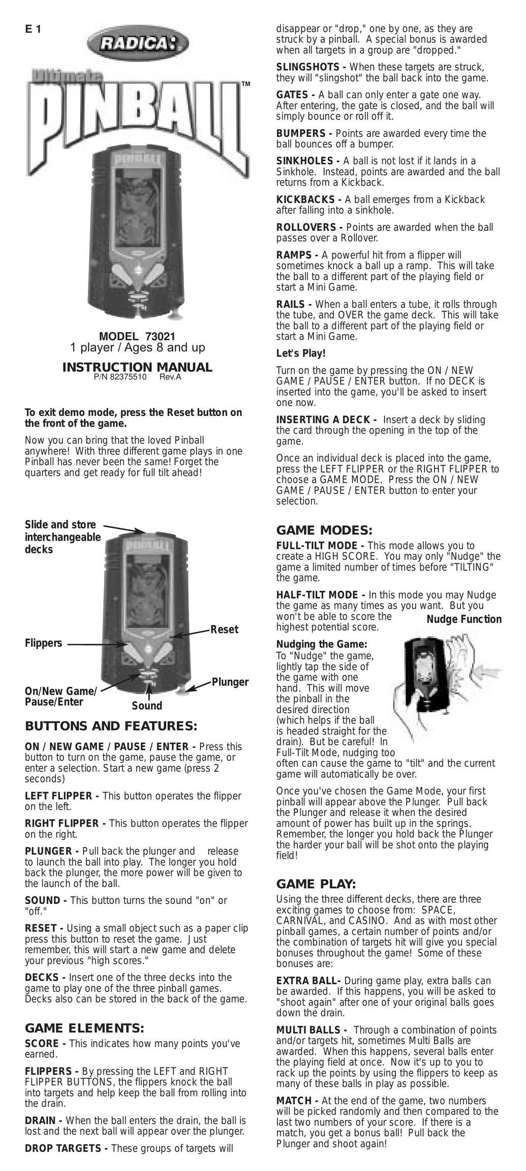 Radica Games 73021 Games User Manual