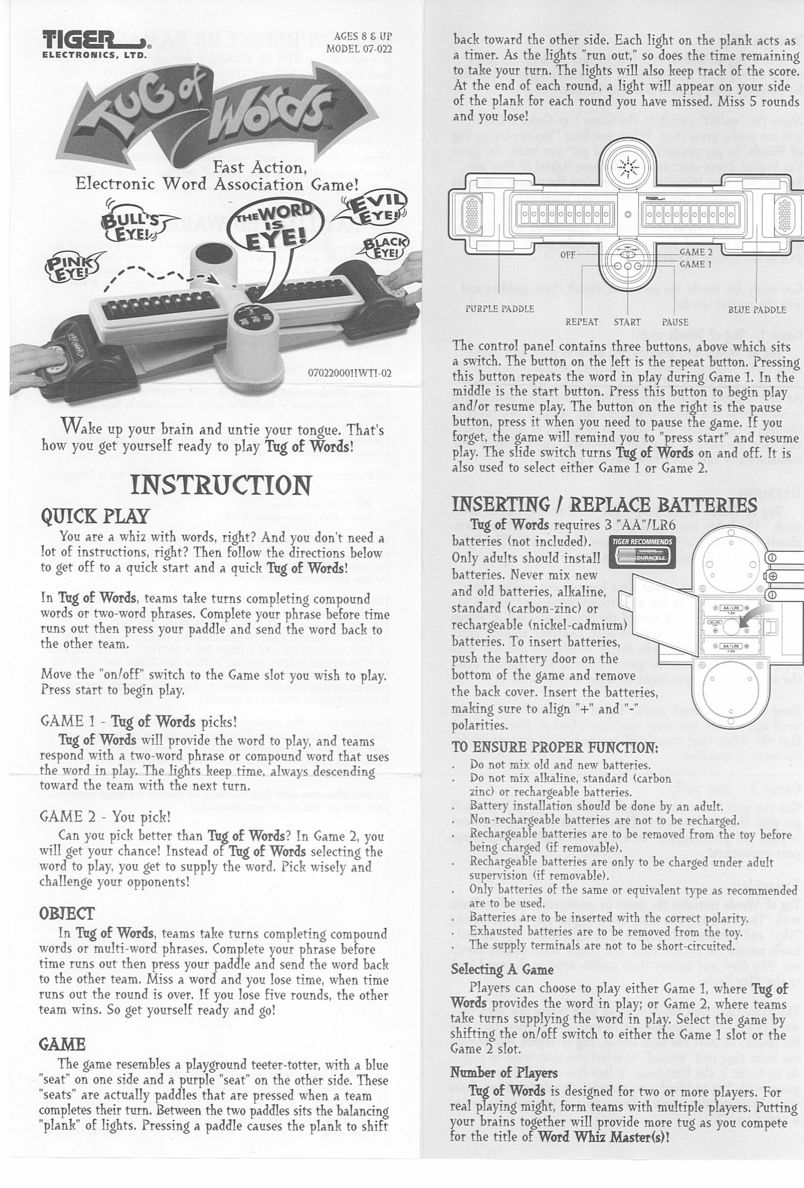 Tiger Products Co., Ltd 07-022 Games User Manual