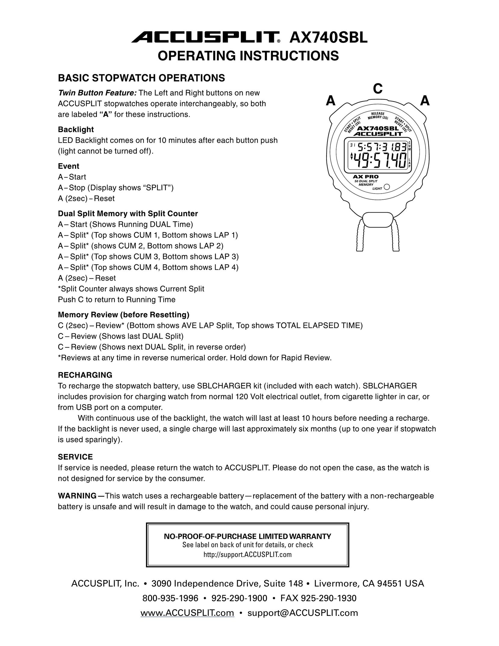 Accusplit AX740SBL Heart Rate Monitor User Manual