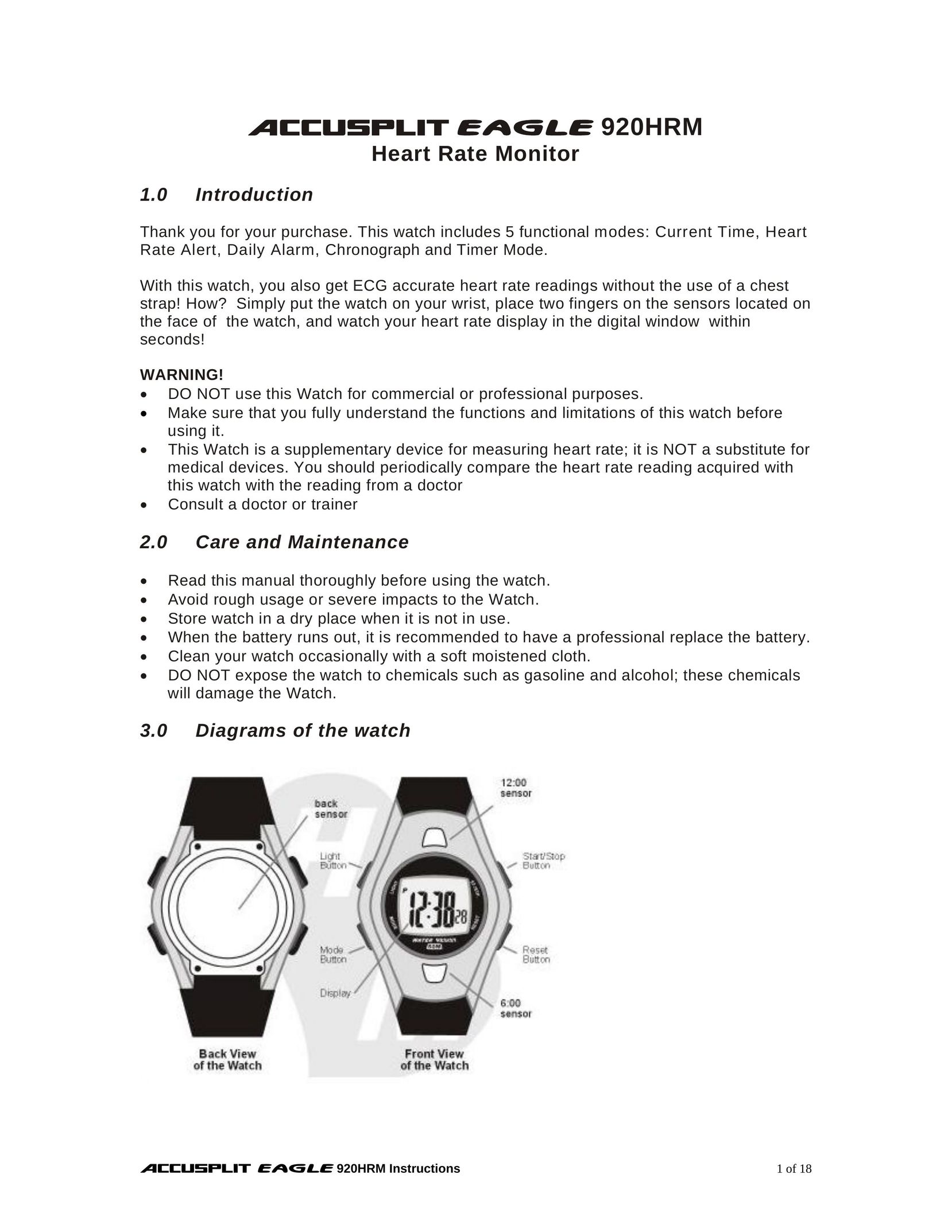 Accusplit EAGLE 920HRM Heart Rate Monitor User Manual