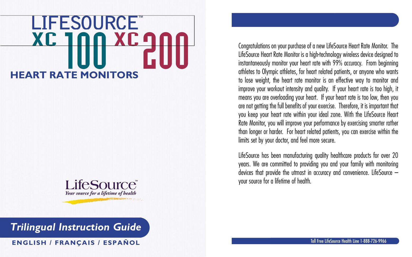 LifeSource XC100 Heart Rate Monitor User Manual