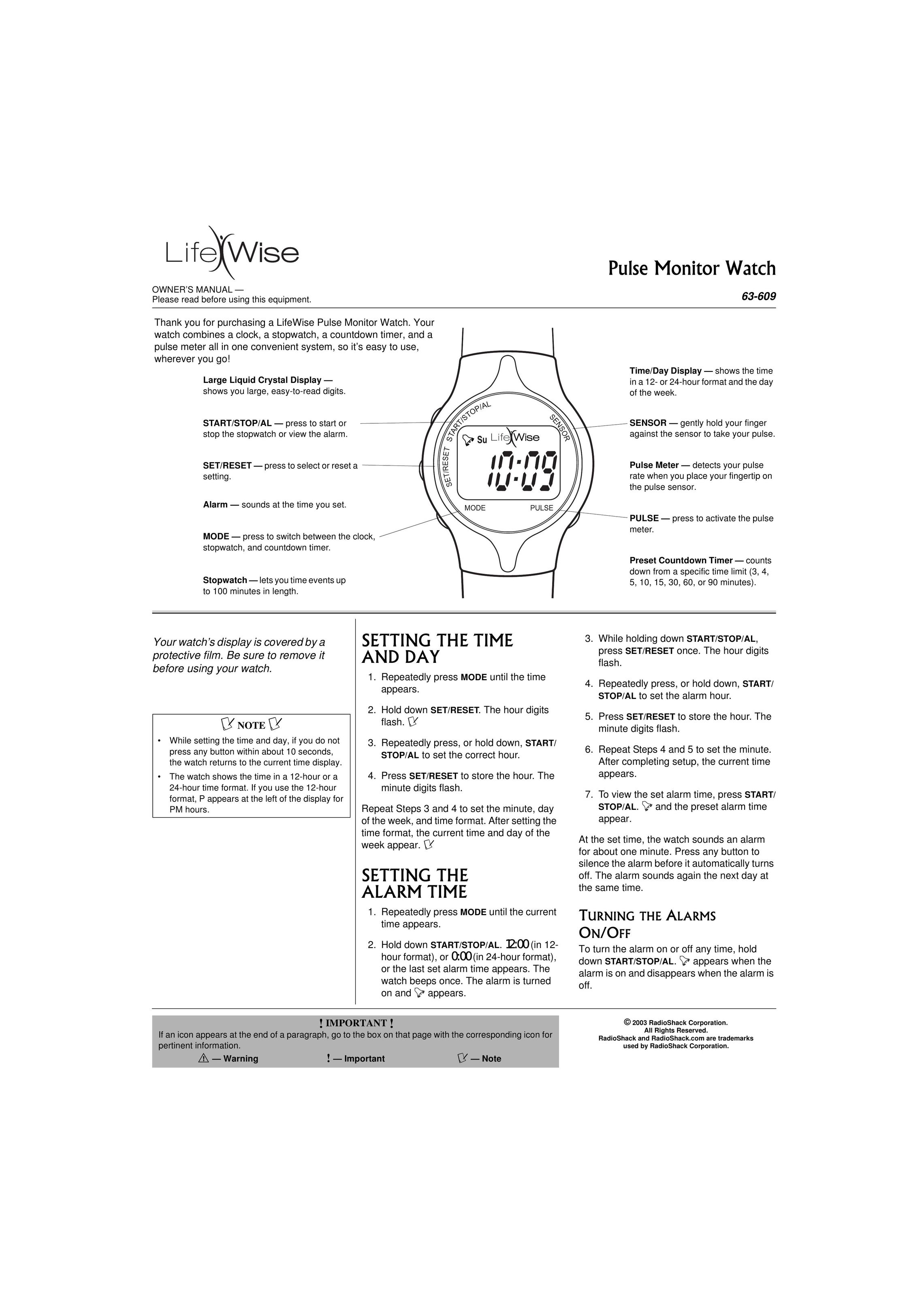LifeWise 63-609 Heart Rate Monitor User Manual