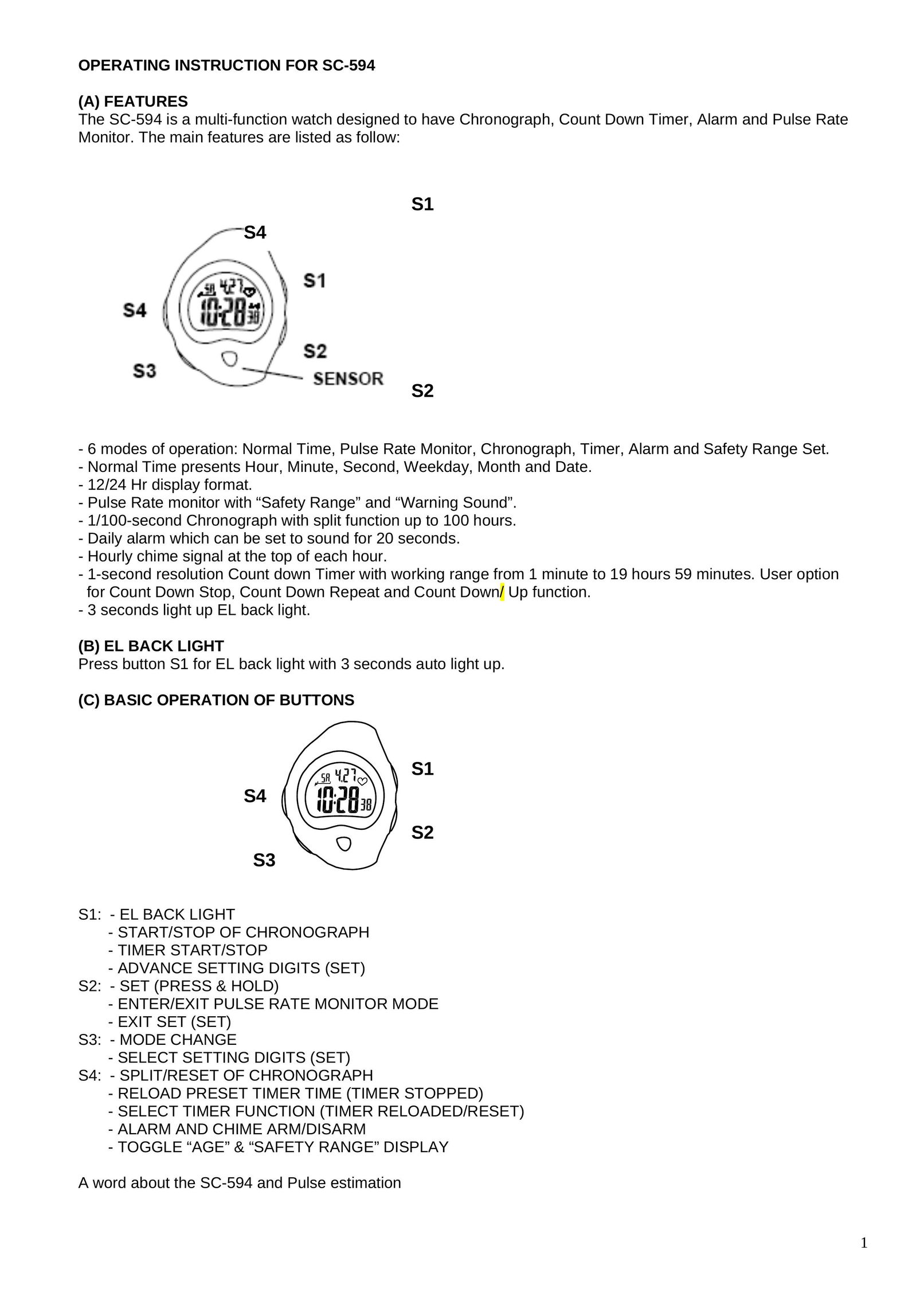 Robic SC-594 Heart Rate Monitor User Manual