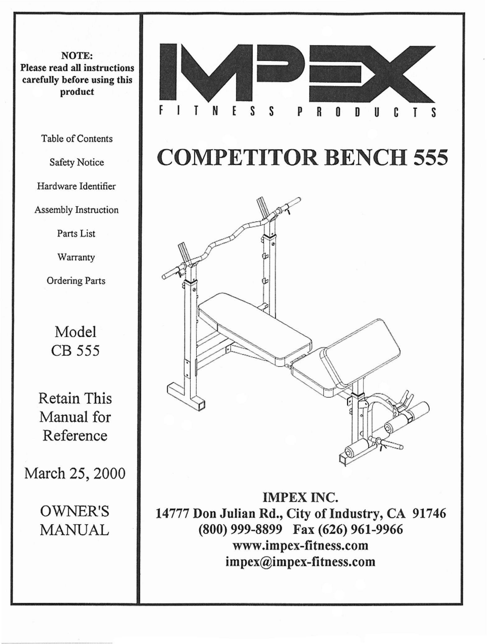 Impex 196 Home Gym User Manual