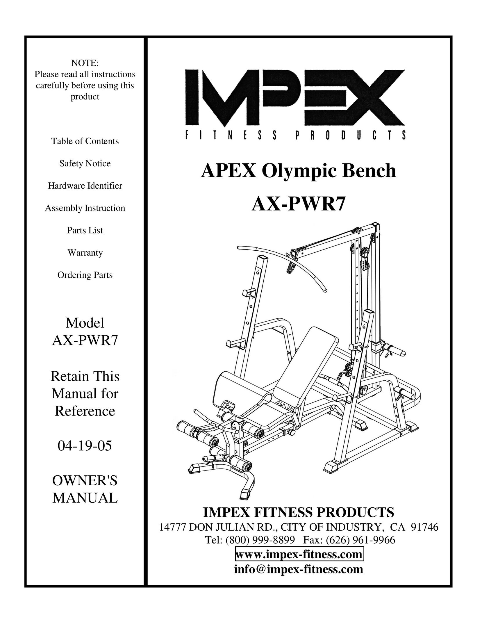 Impex AX-PWR7 Home Gym User Manual