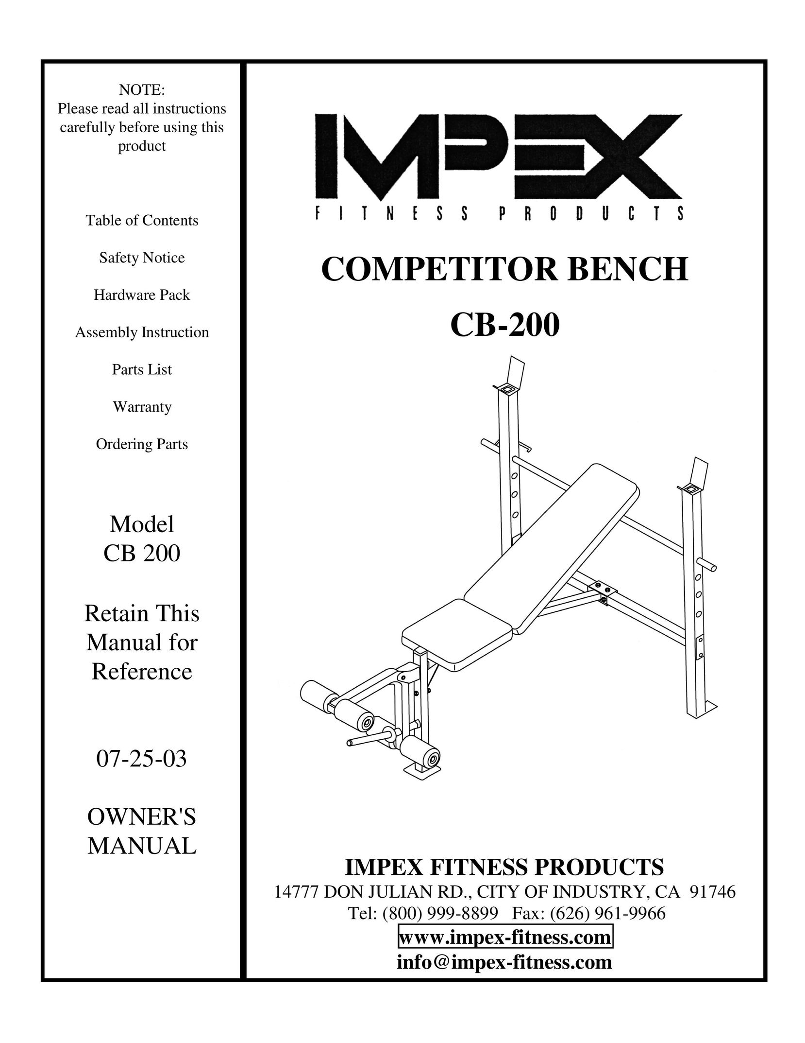 Impex CB-200 Home Gym User Manual
