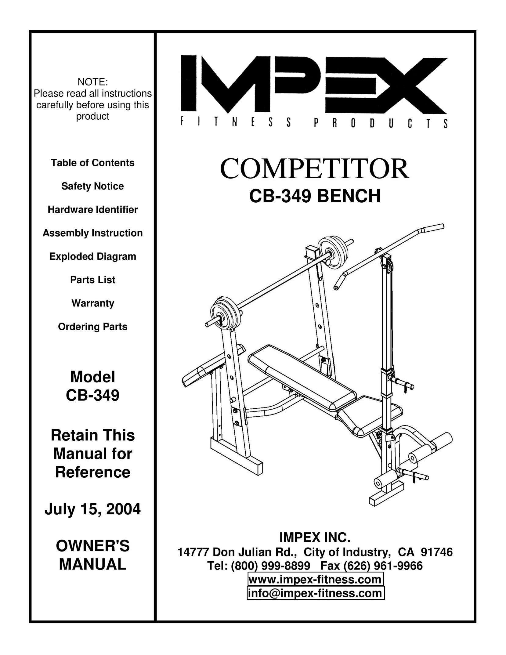Impex CB-349 Home Gym User Manual