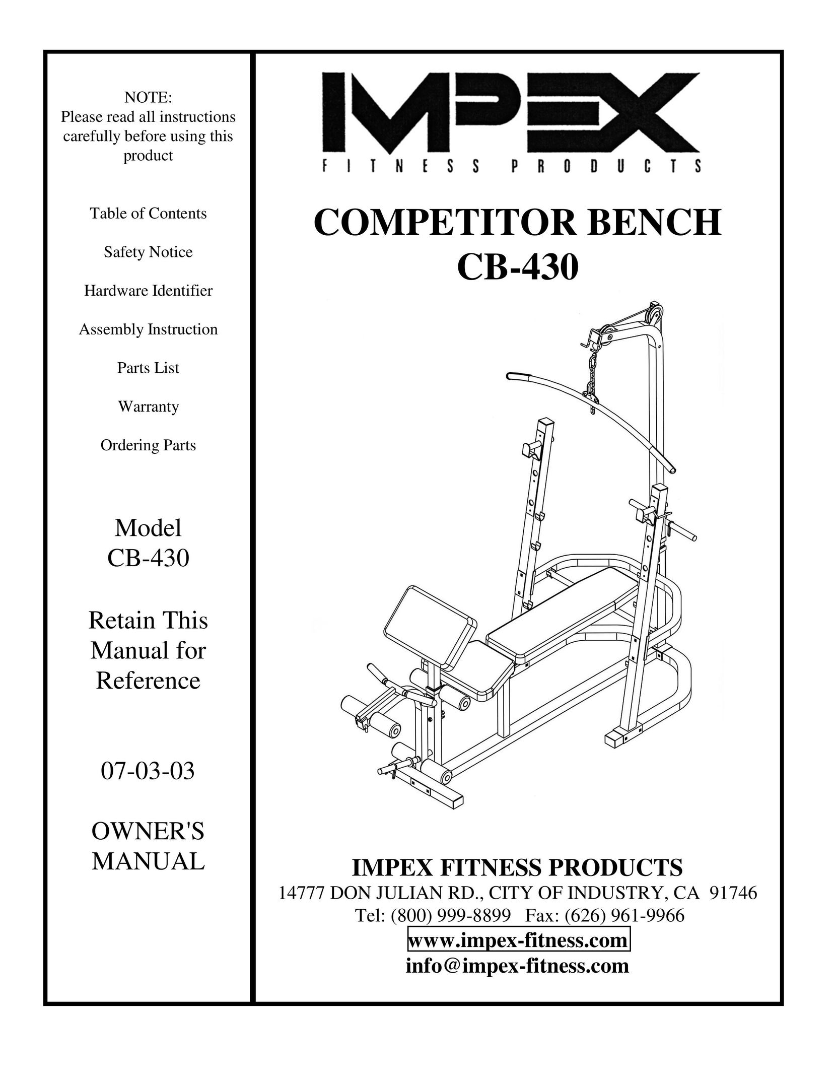Impex CB-430 Home Gym User Manual
