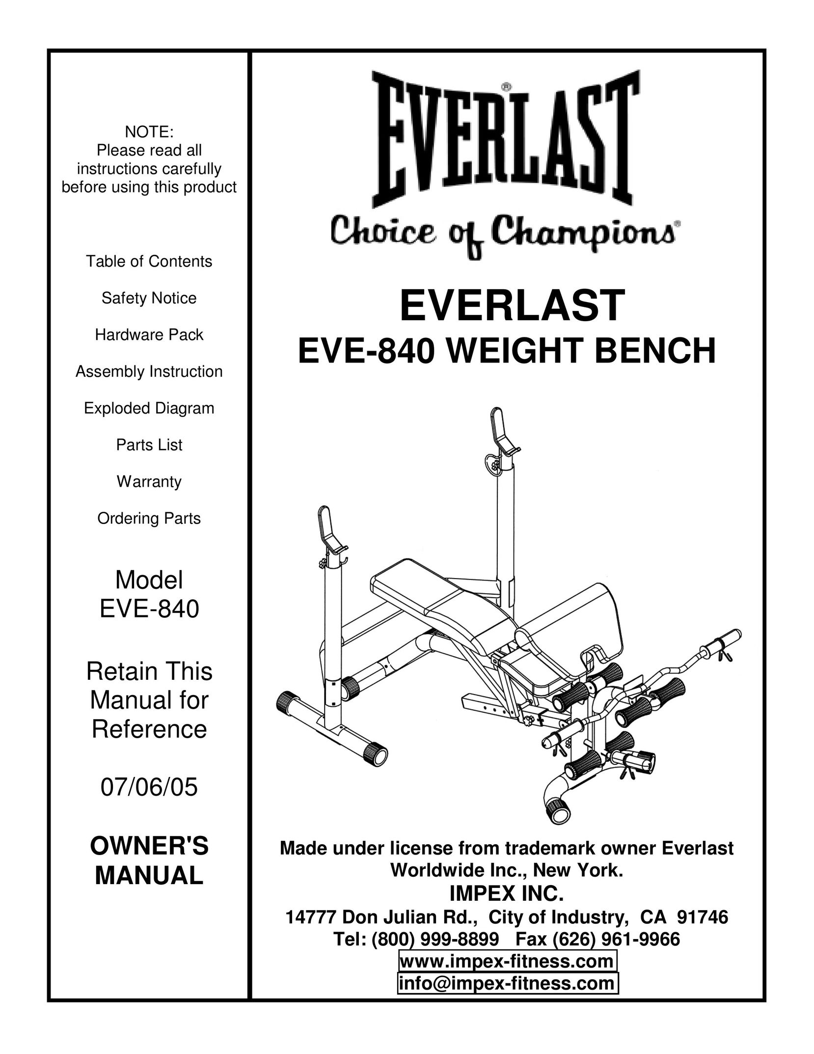Impex EVE-840 Home Gym User Manual