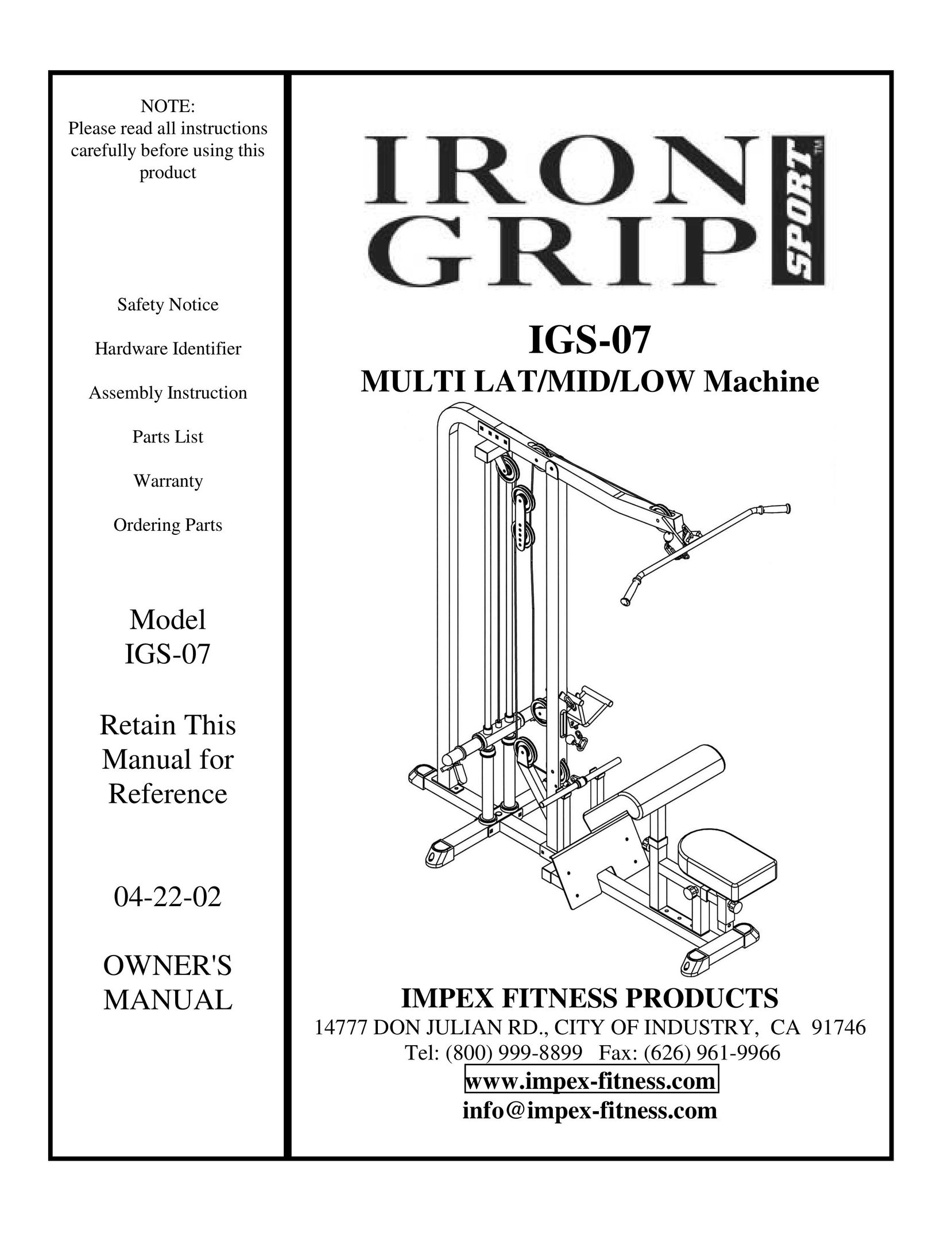 Impex IGS-07 Home Gym User Manual