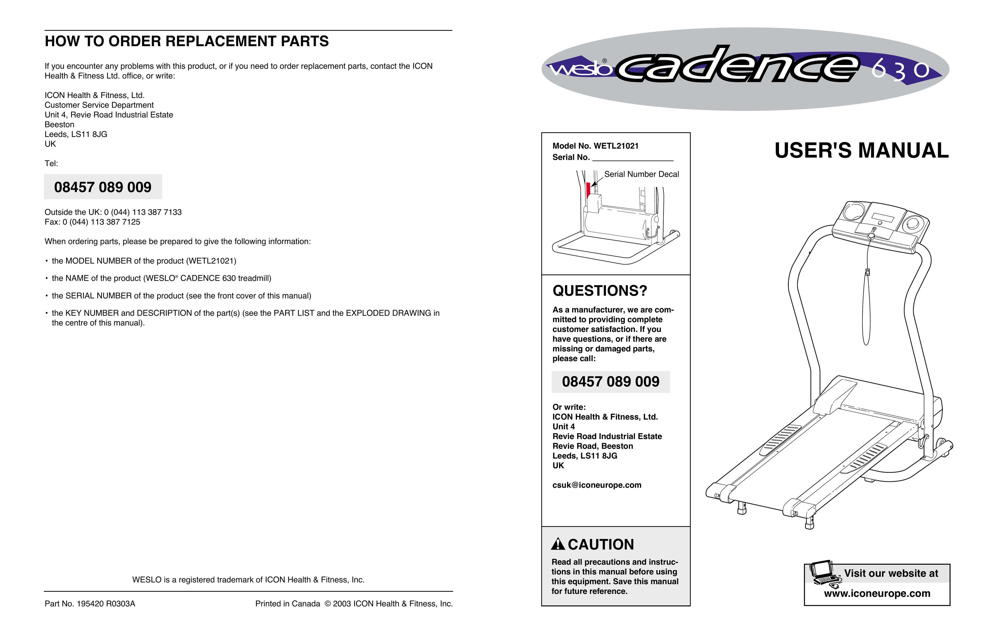 Cadence WETL21021 Treadmill User Manual