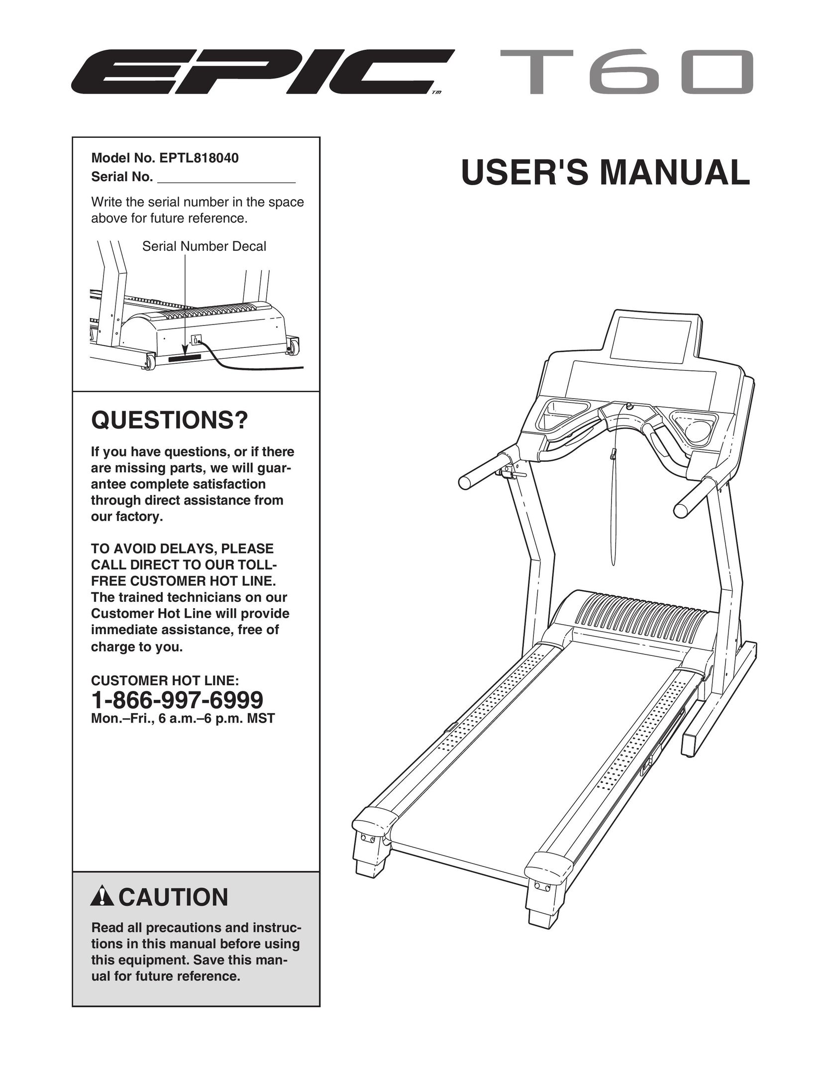 Epic Fitness EPTL818040 Treadmill User Manual