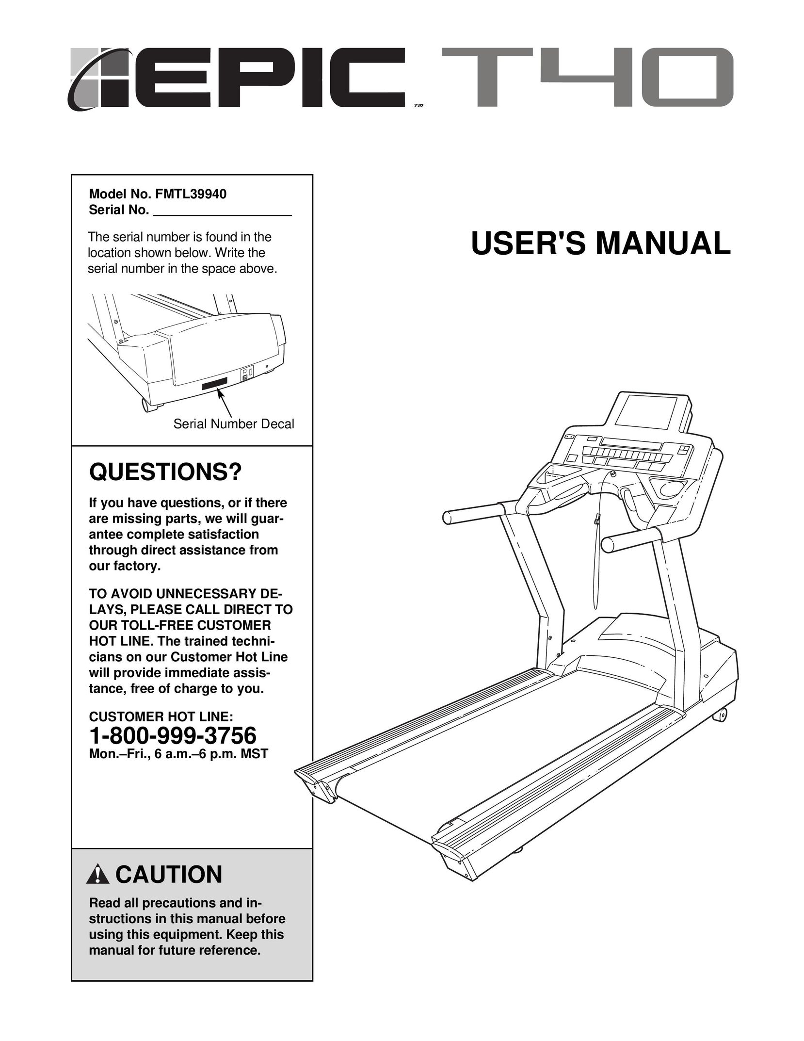 Epic Fitness FMTL39940 Treadmill User Manual
