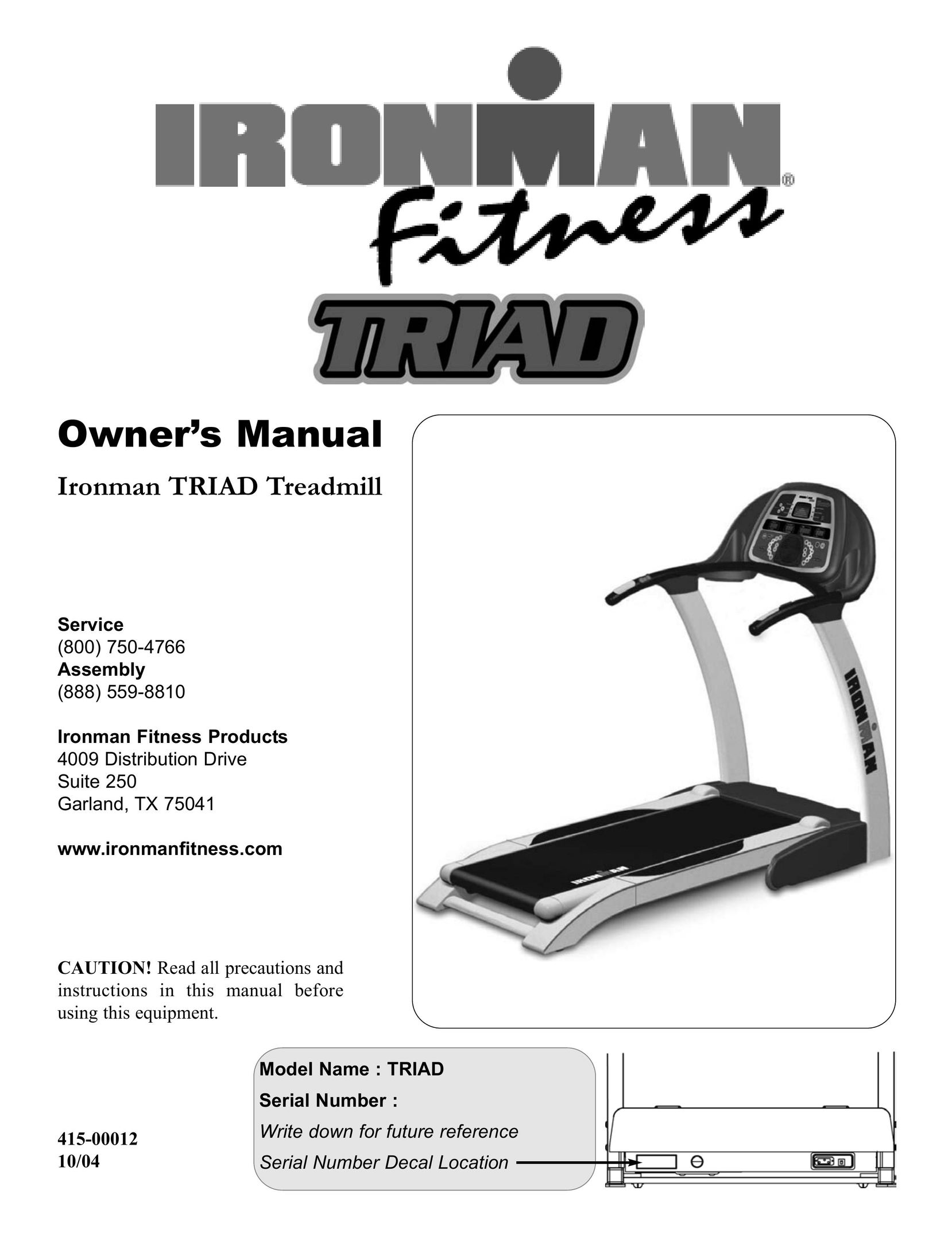 Ironman Fitness Treadmill TRIAD Treadmill User Manual