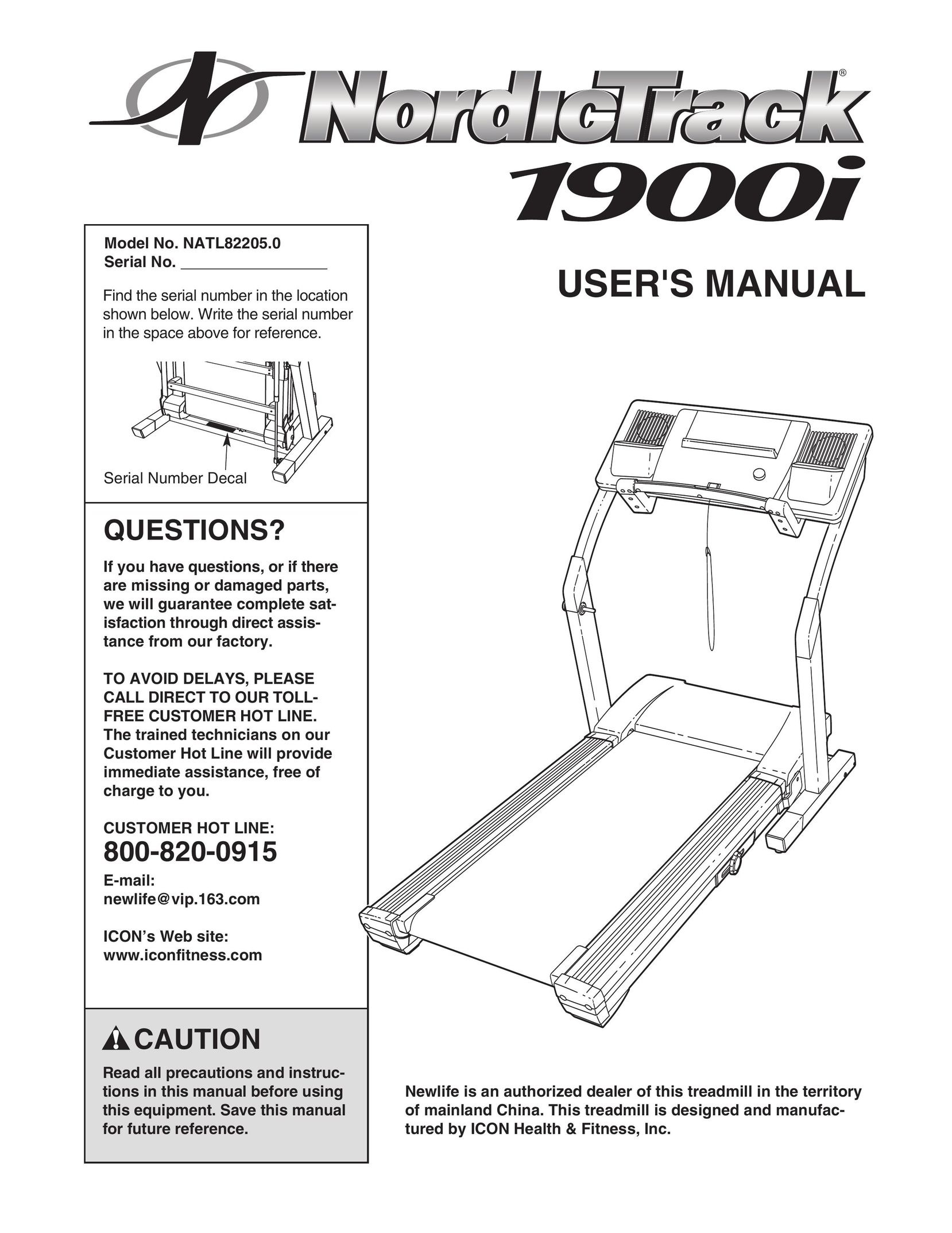 NordicTrack NATL82205.0 Treadmill User Manual