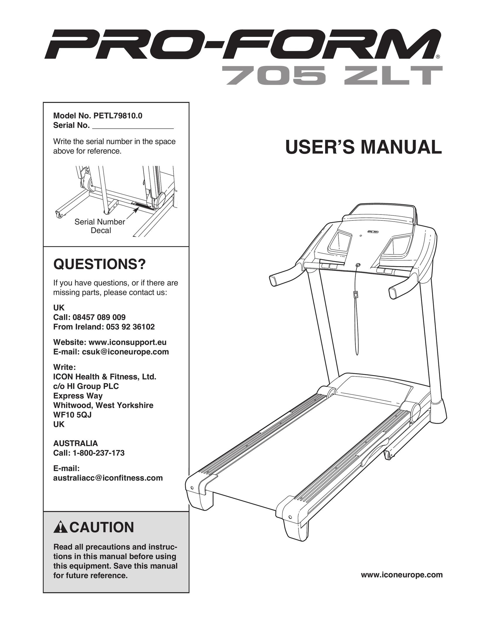 ProForm 705 ZLT Treadmill User Manual