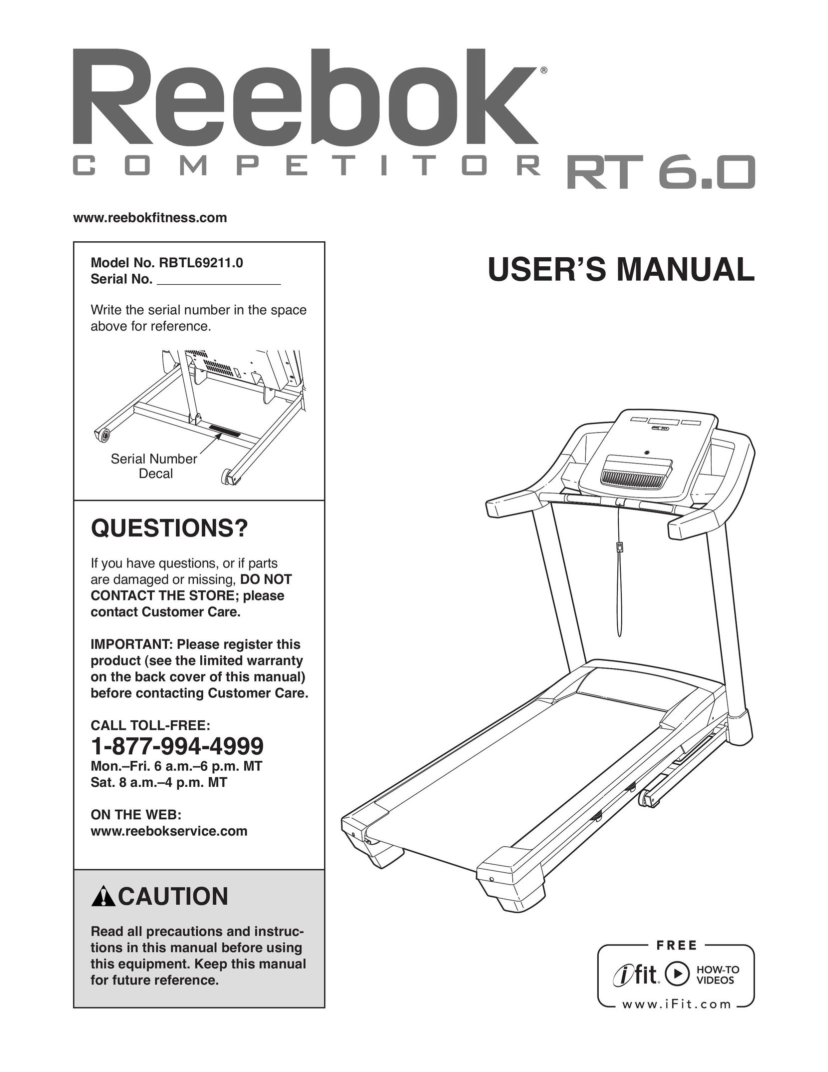 Reebok Fitness R T 6.0 Treadmill User Manual