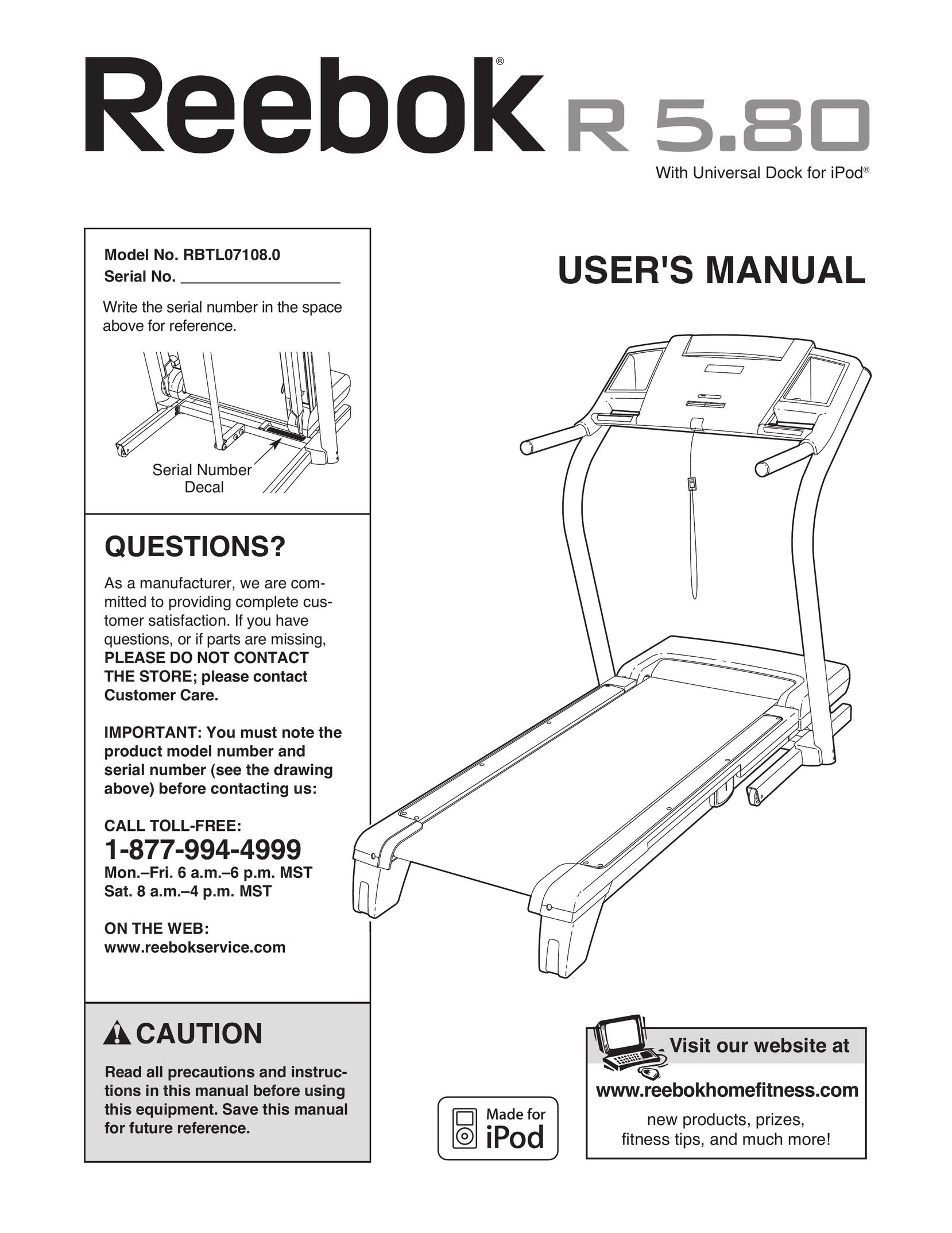 Reebok Fitness RBTL07108.0 Treadmill User Manual