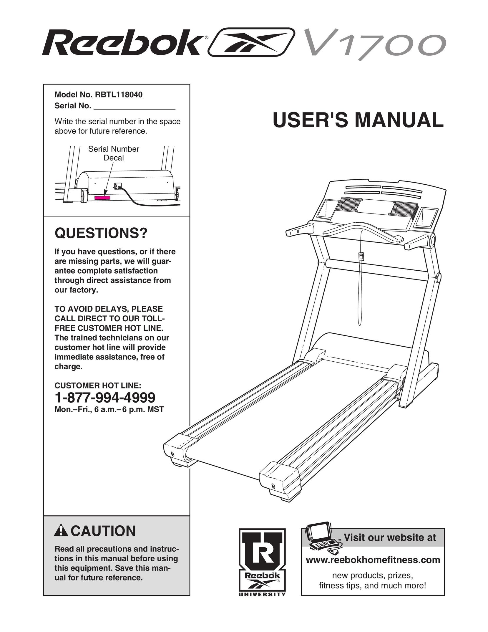 Reebok Fitness RBTL118040 Treadmill User Manual