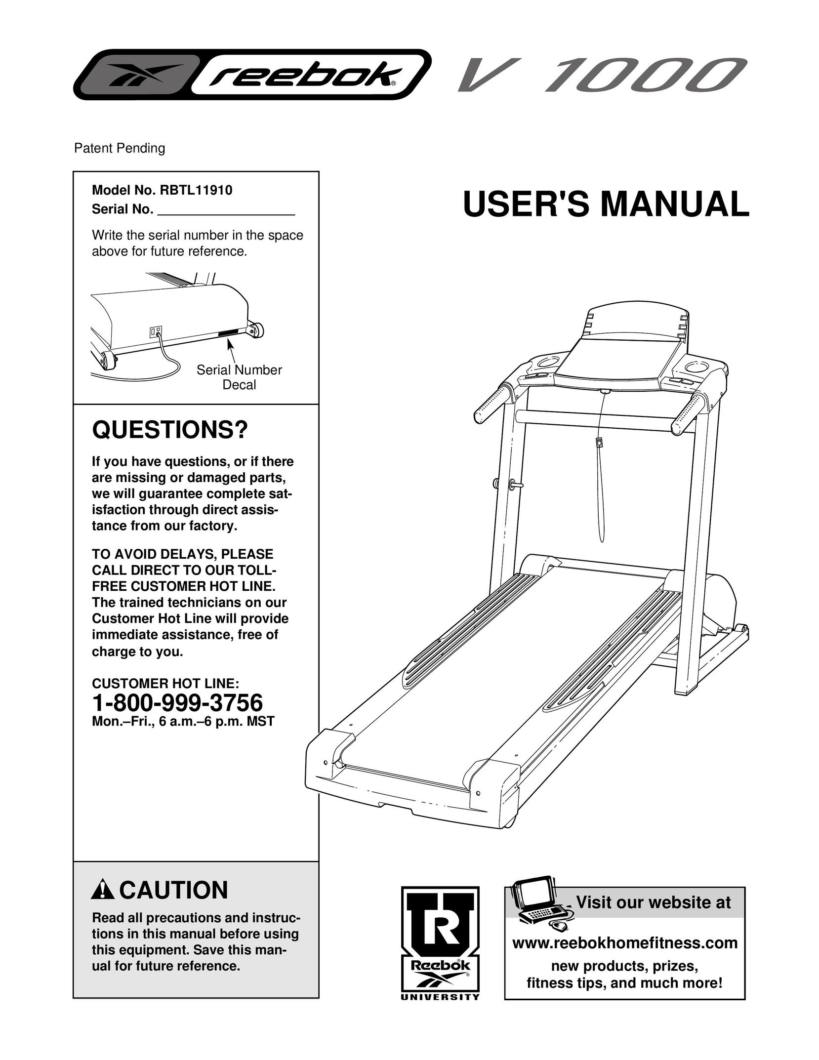 Reebok Fitness RBTL11910 Treadmill User Manual