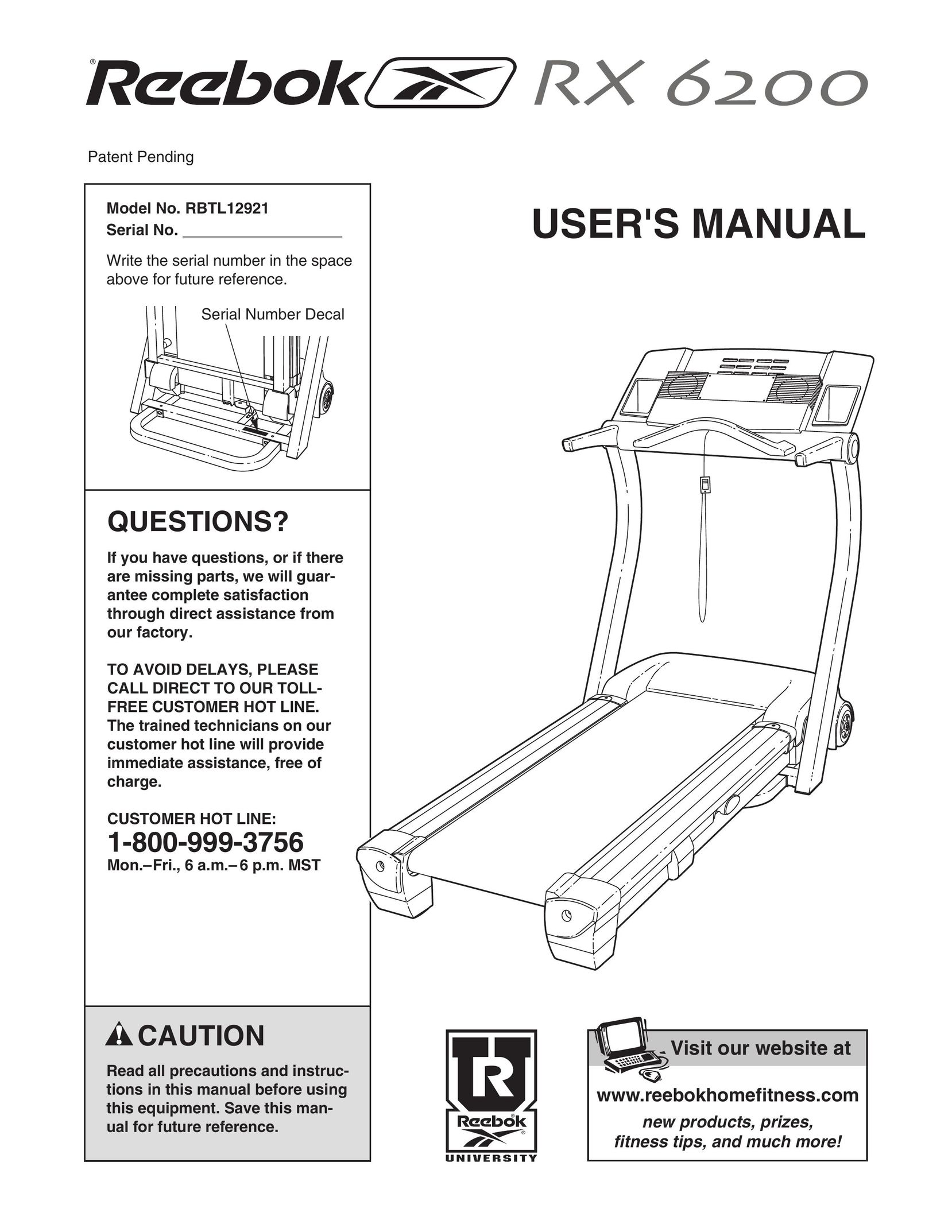 Reebok Fitness RBTL12921 Treadmill User Manual