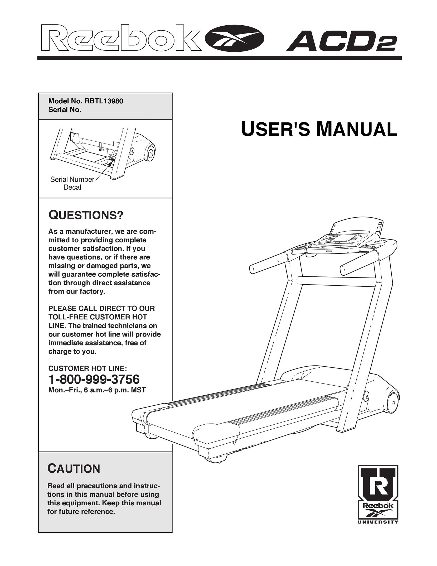 Reebok Fitness RBTL13980 Treadmill User Manual