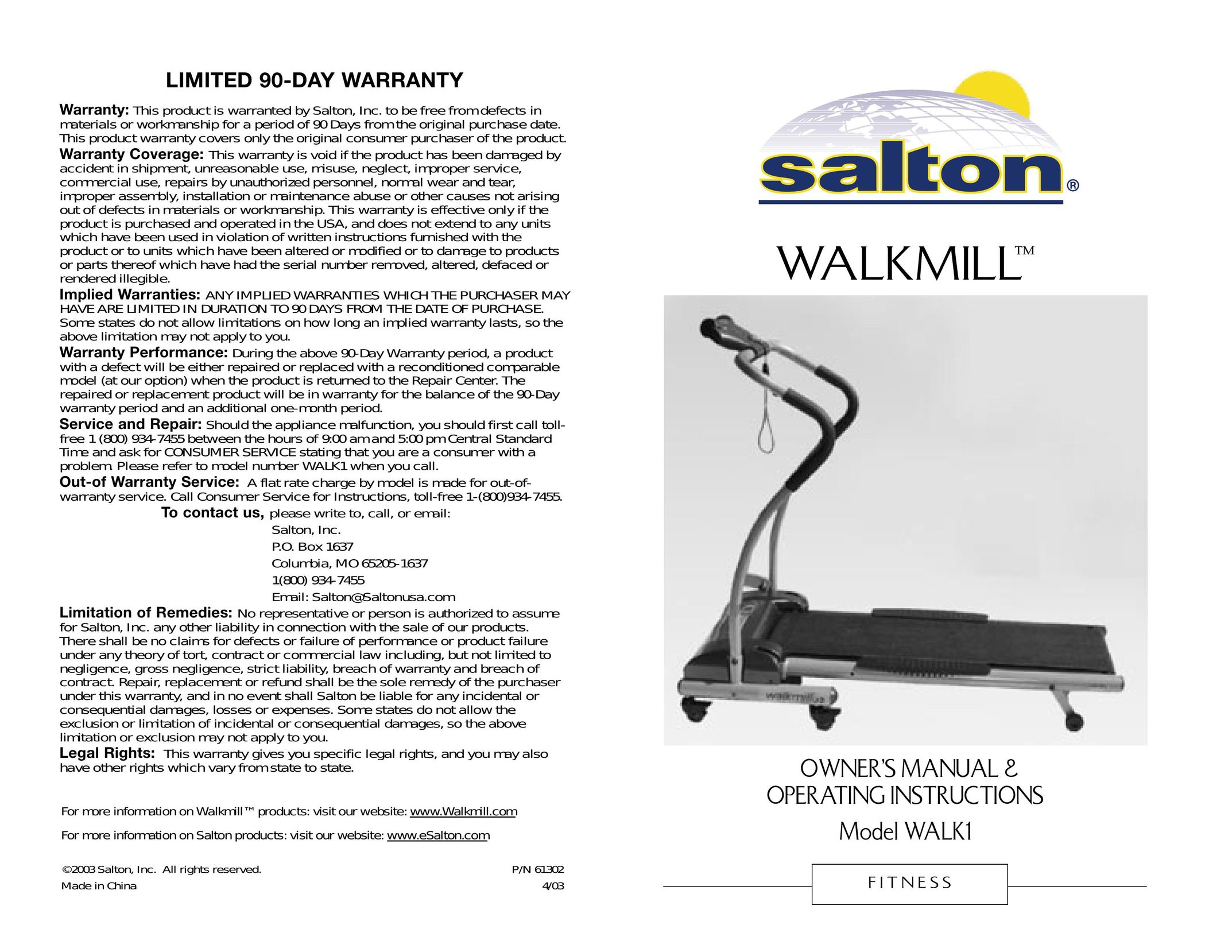 Salton WALKMILL Treadmill User Manual