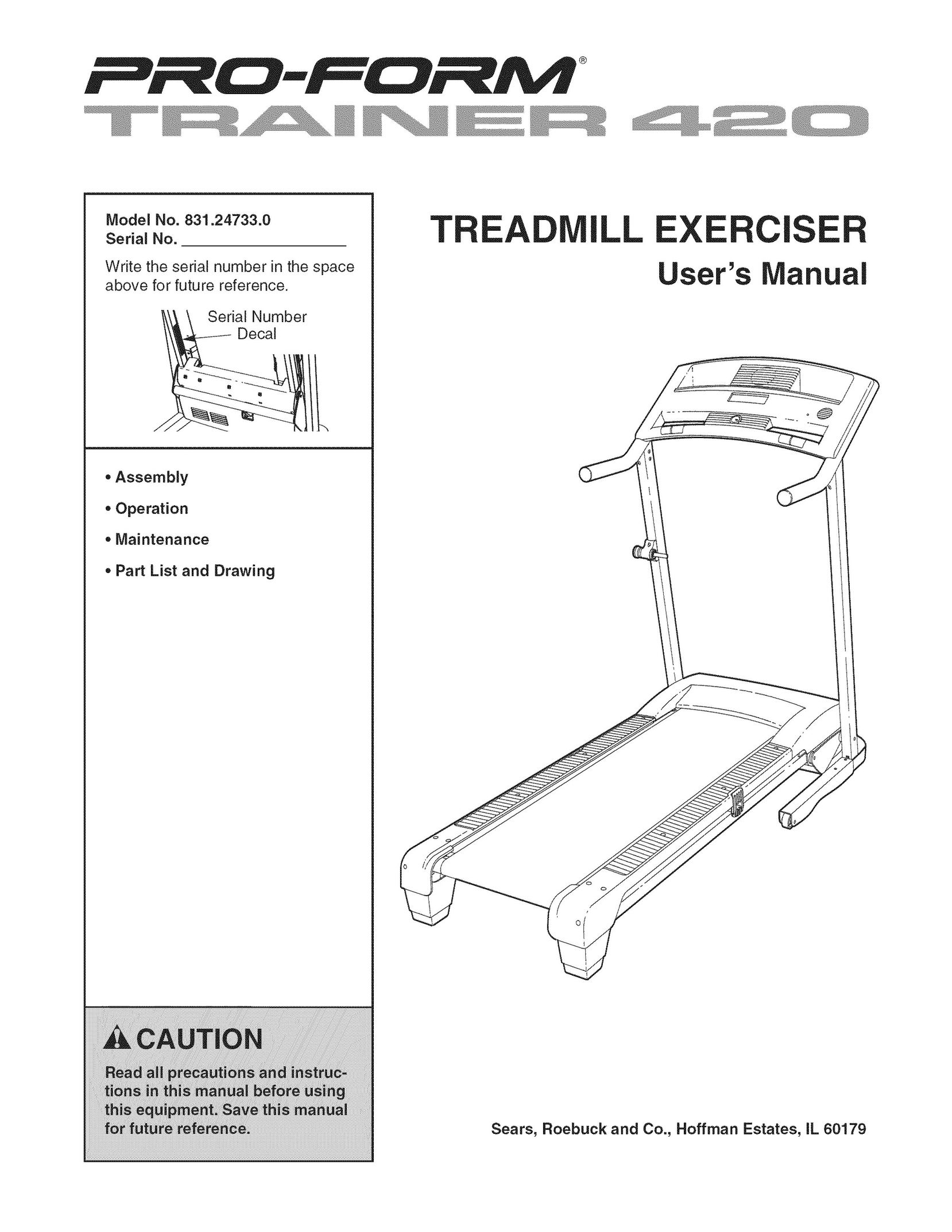 Sears 831.24733.0 Treadmill User Manual