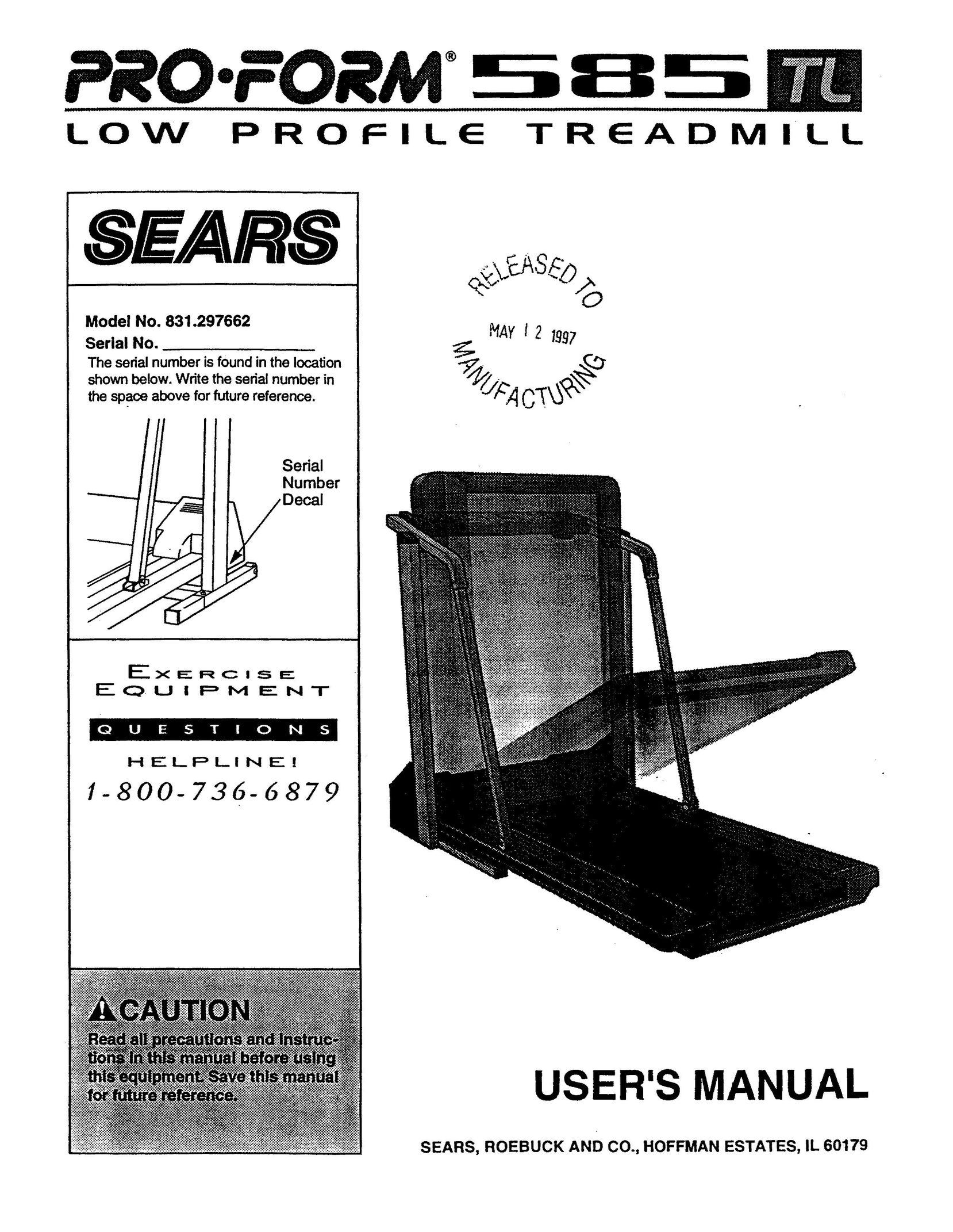 Sears 831.297662 Treadmill User Manual