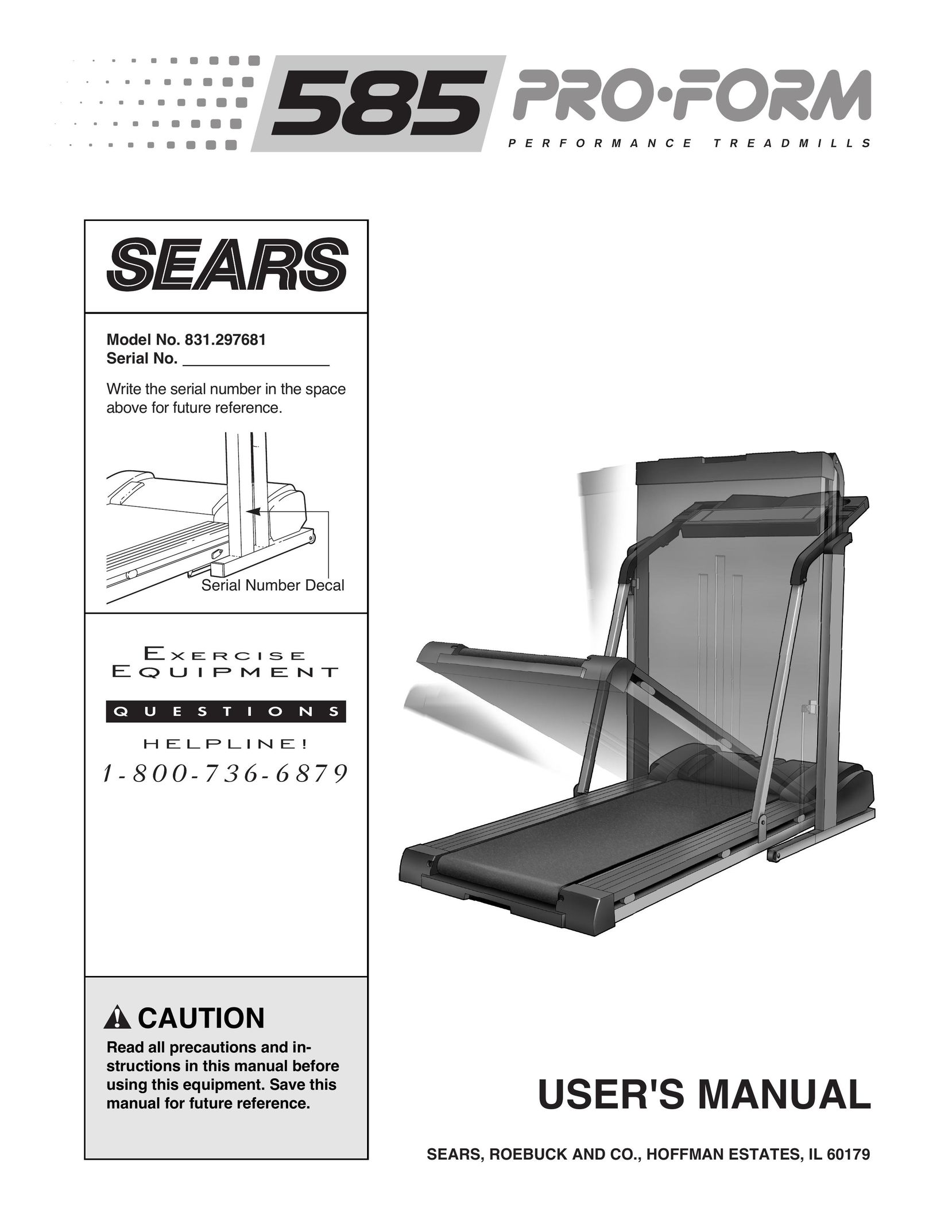 Sears 831.297681 Treadmill User Manual