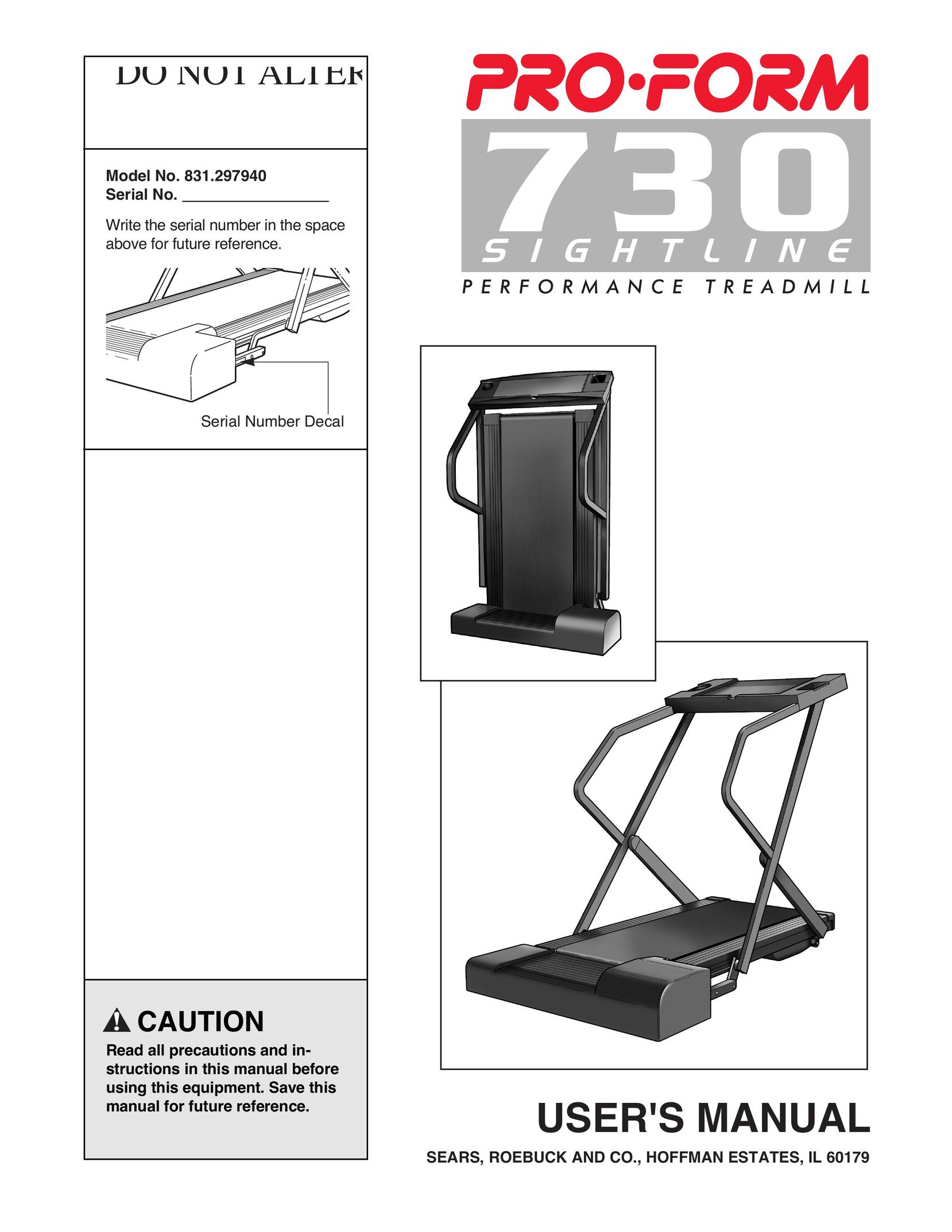 Sears 831.297940 Treadmill User Manual