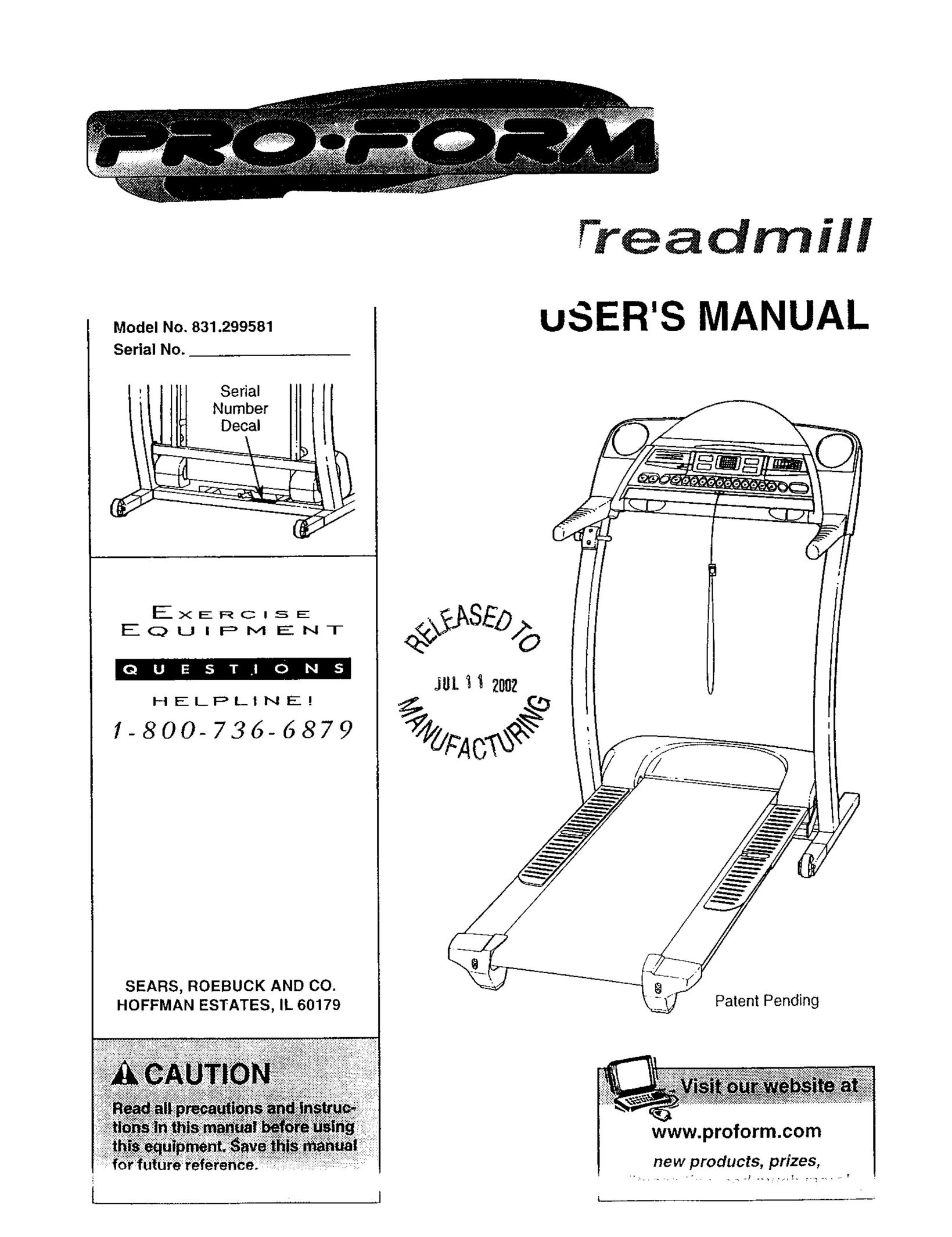 Sears 831.299581 Treadmill User Manual