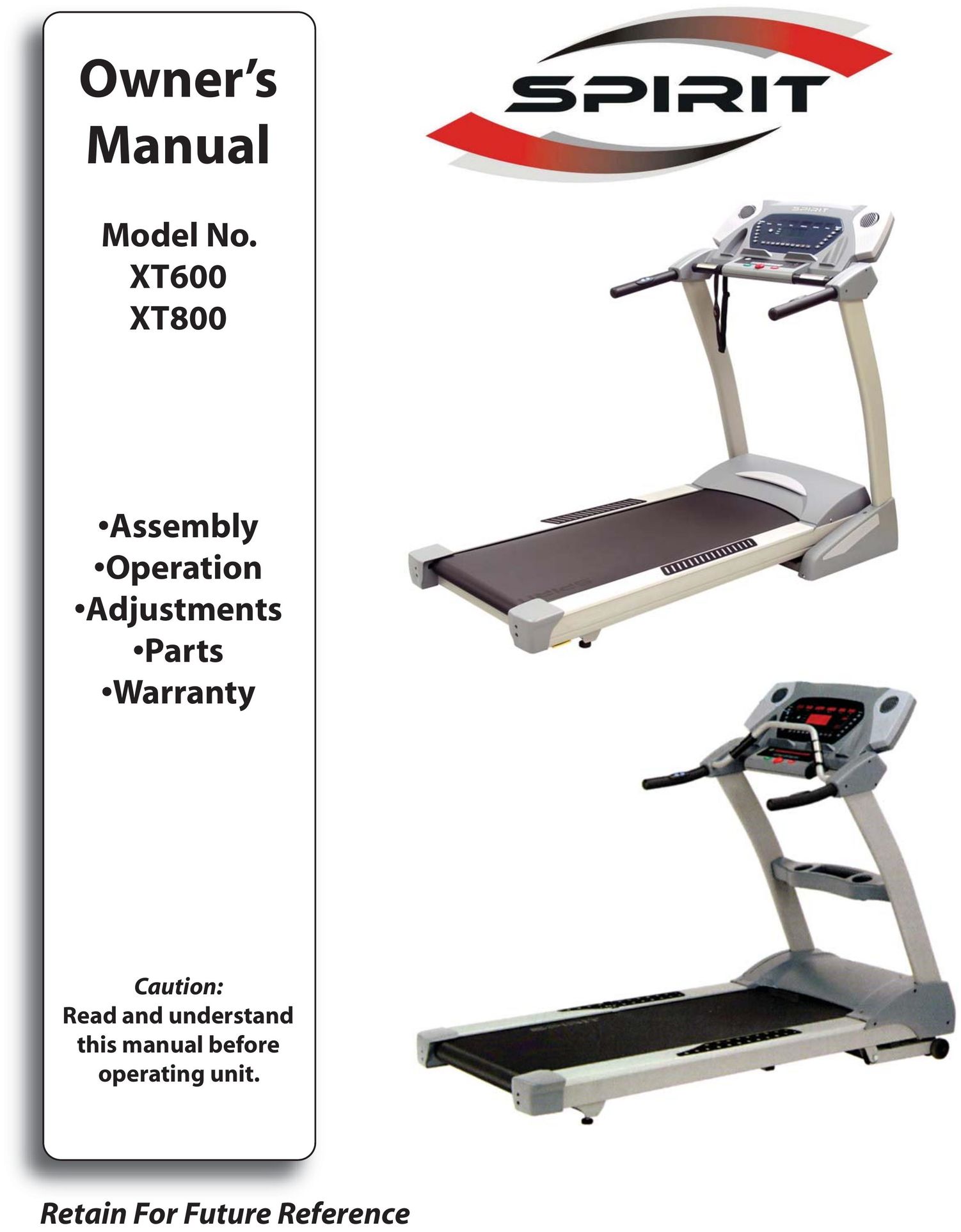 Spirit XT600 Treadmill User Manual