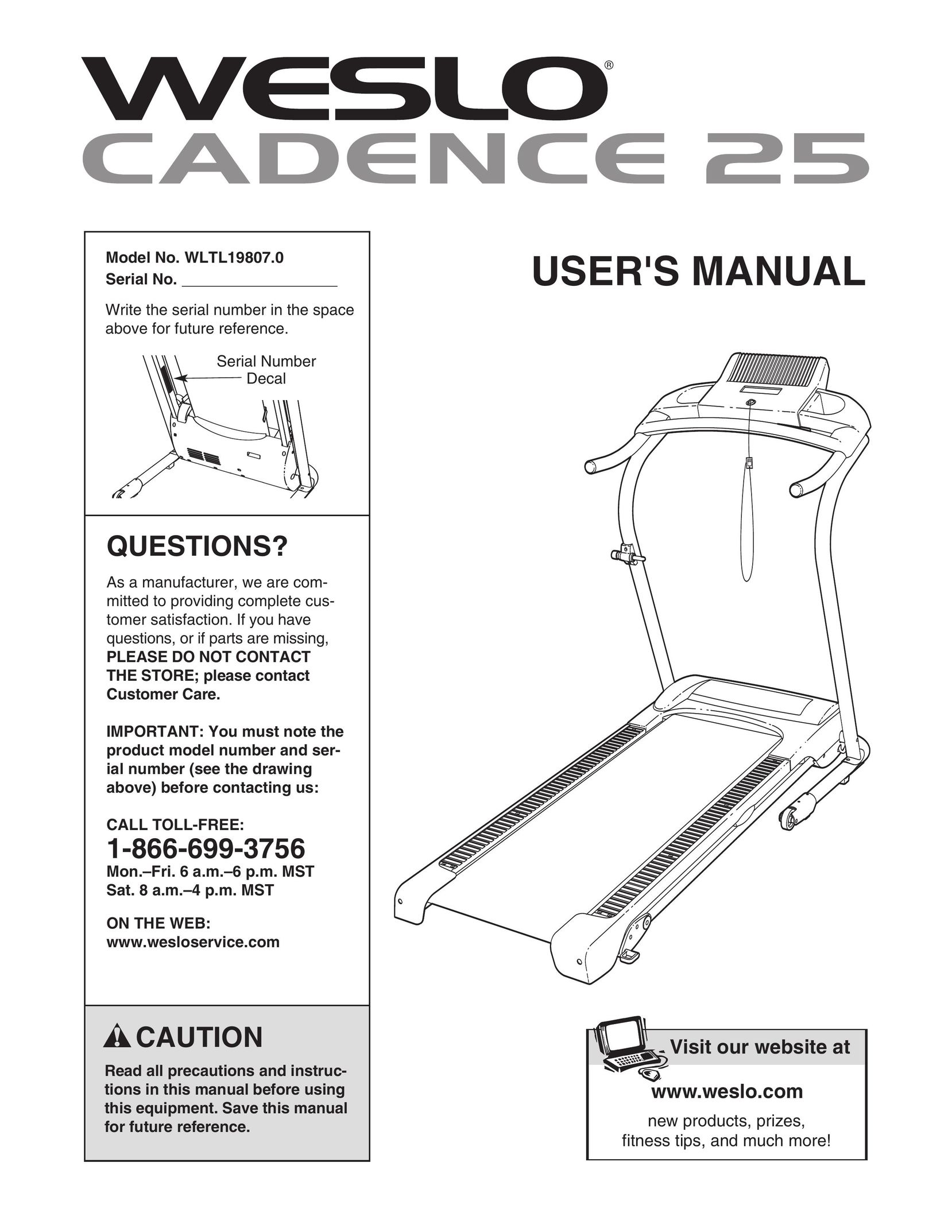 Weslo cadence 25 Treadmill User Manual