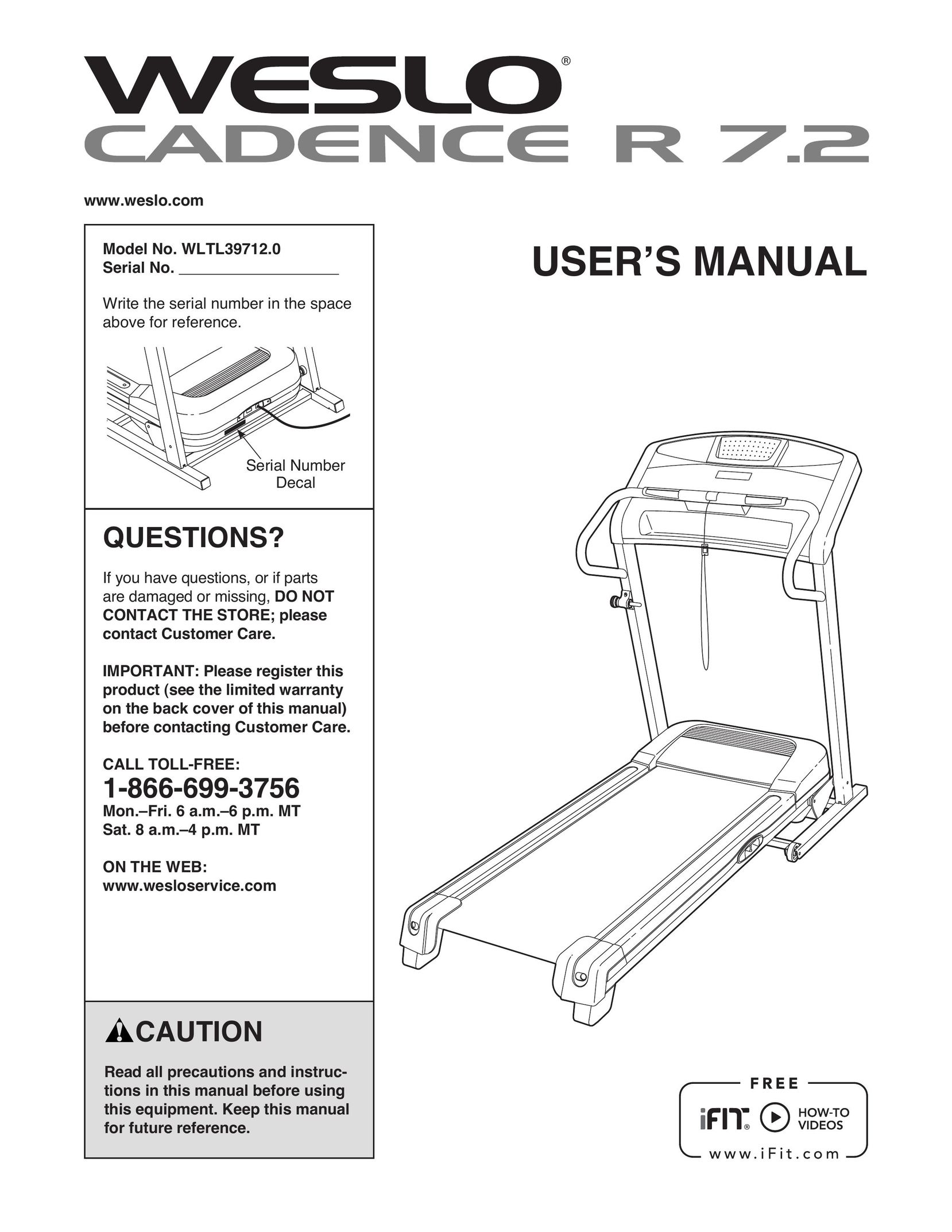 Weslo R 7.2 Treadmill User Manual
