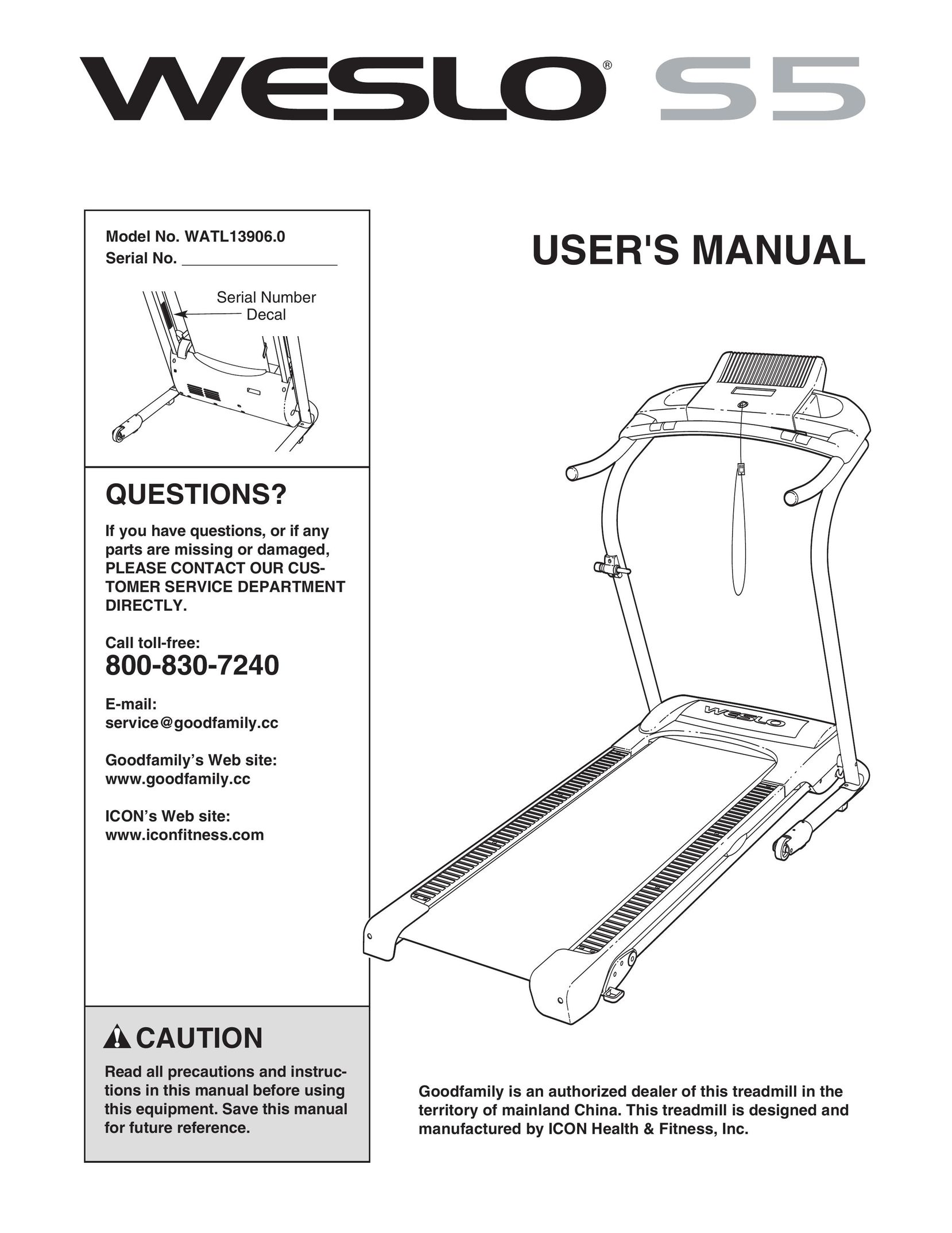 Weslo WATL13906.0 Treadmill User Manual
