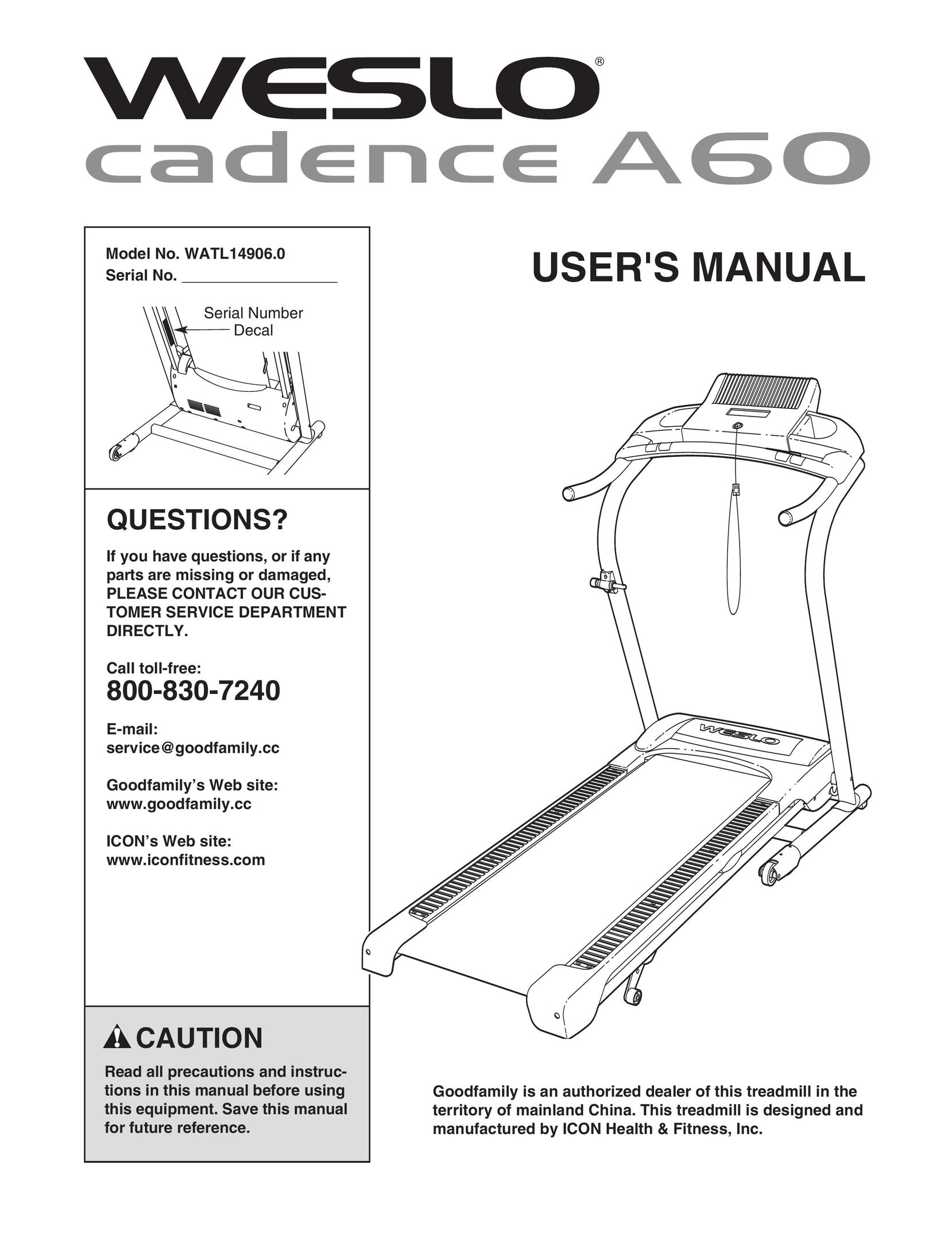 Weslo WATL14906.0 Treadmill User Manual