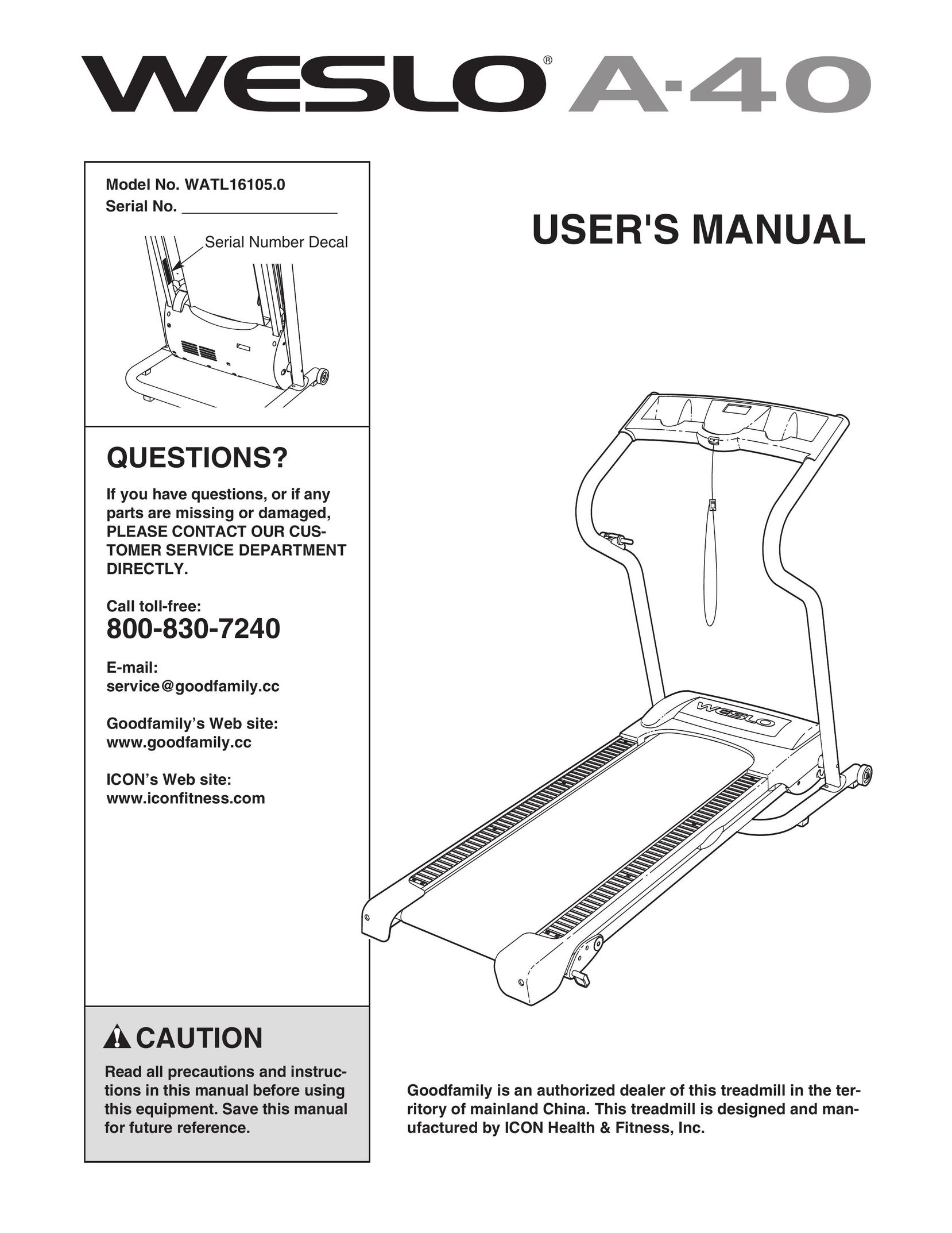 Weslo WATL16105.0 Treadmill User Manual