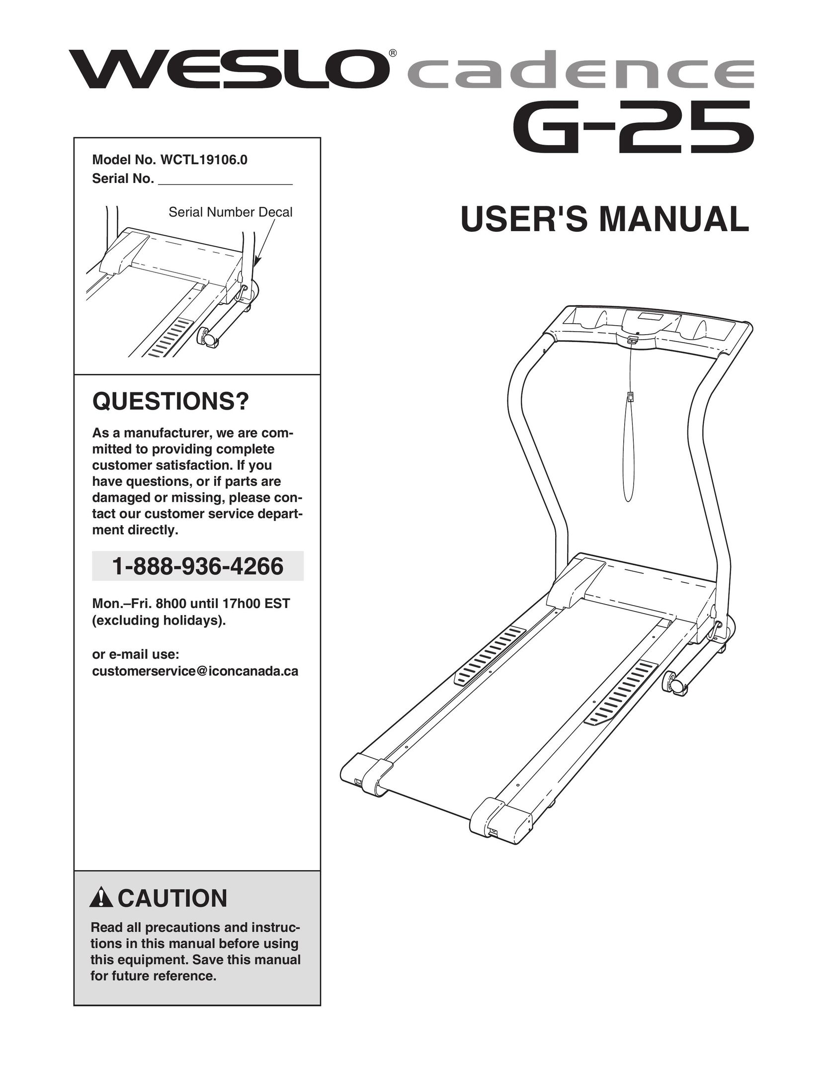 Weslo wctl19106.0 Treadmill User Manual