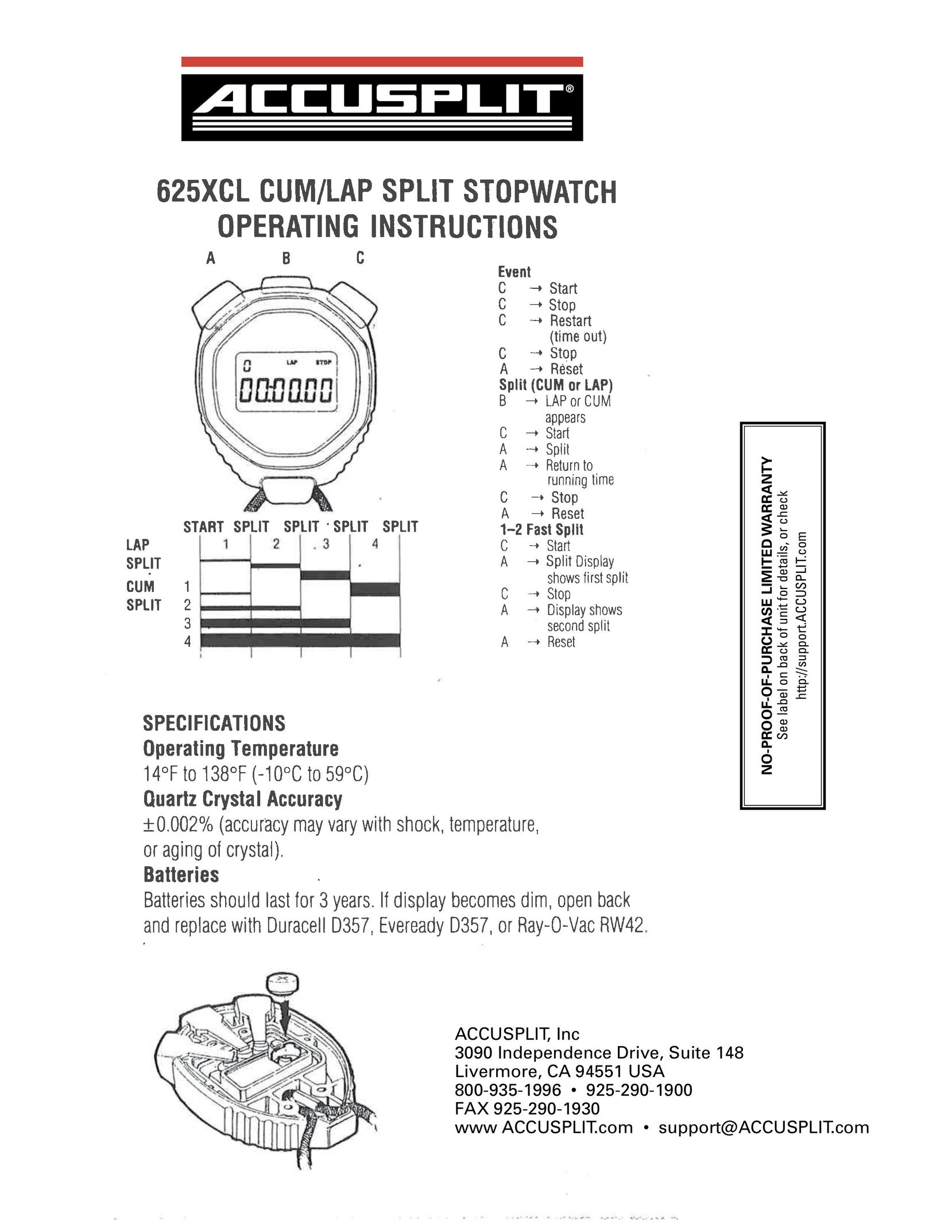 Accusplit A625XCL Watch User Manual